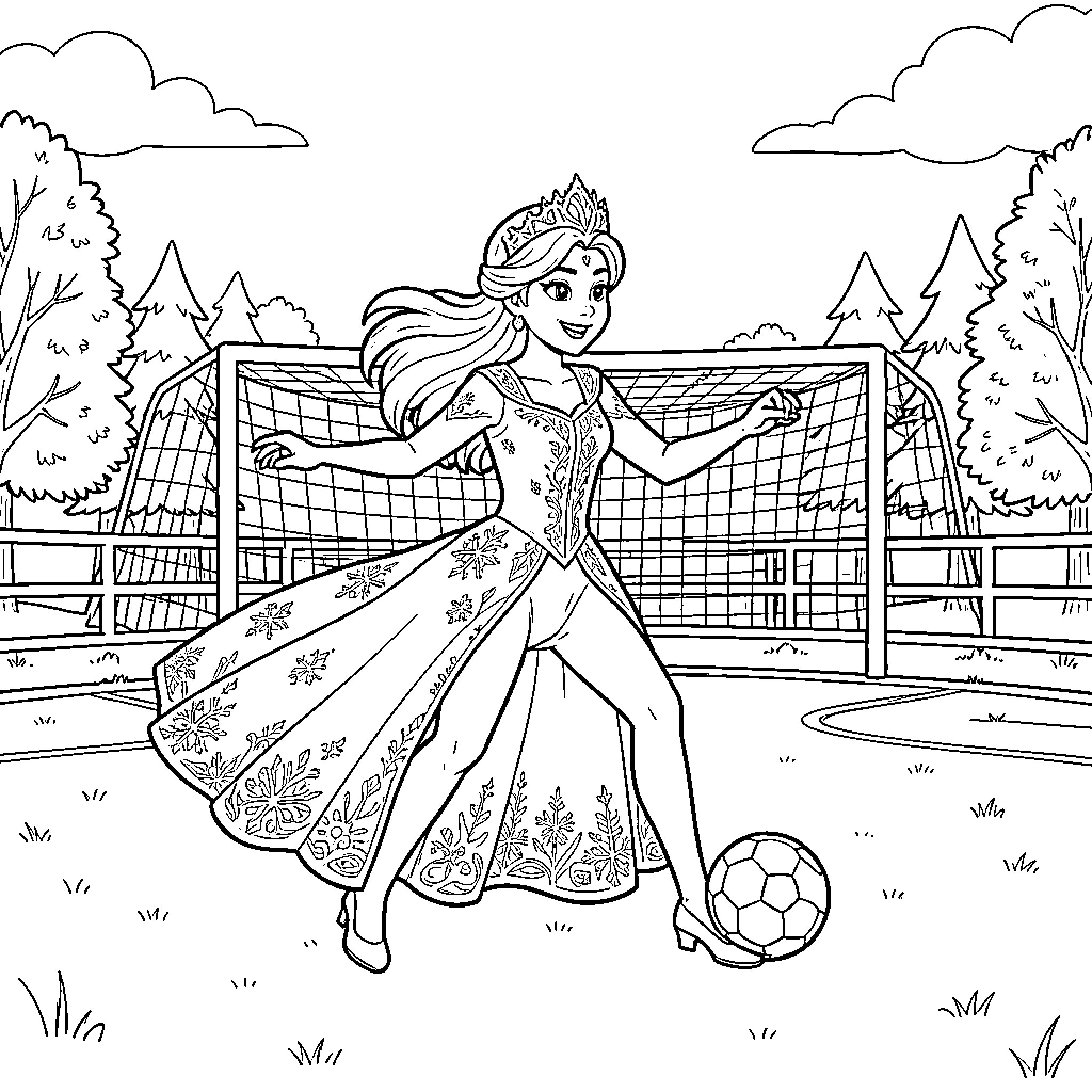 Queen in elegant gown playing soccer in a field Coloring Page (free black-and-white line drawing printable PDF for all, from beginners to advanced learners, including children, teens, adults, and seniors)