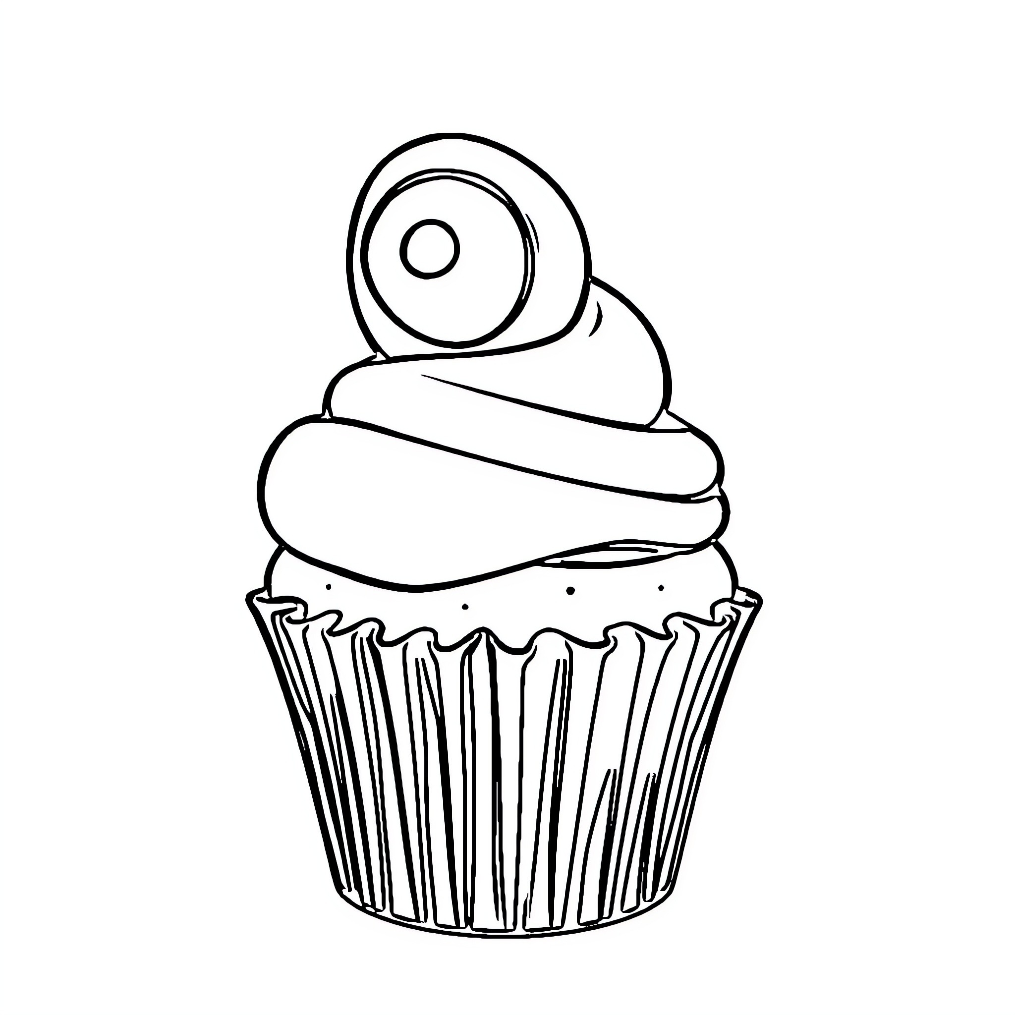 Cinnamon Roll Cupcake with Swirly Frosting Coloring Page (free black-and-white line drawing printable PDF for all, from beginners to advanced learners, including children, teens, adults, and seniors)