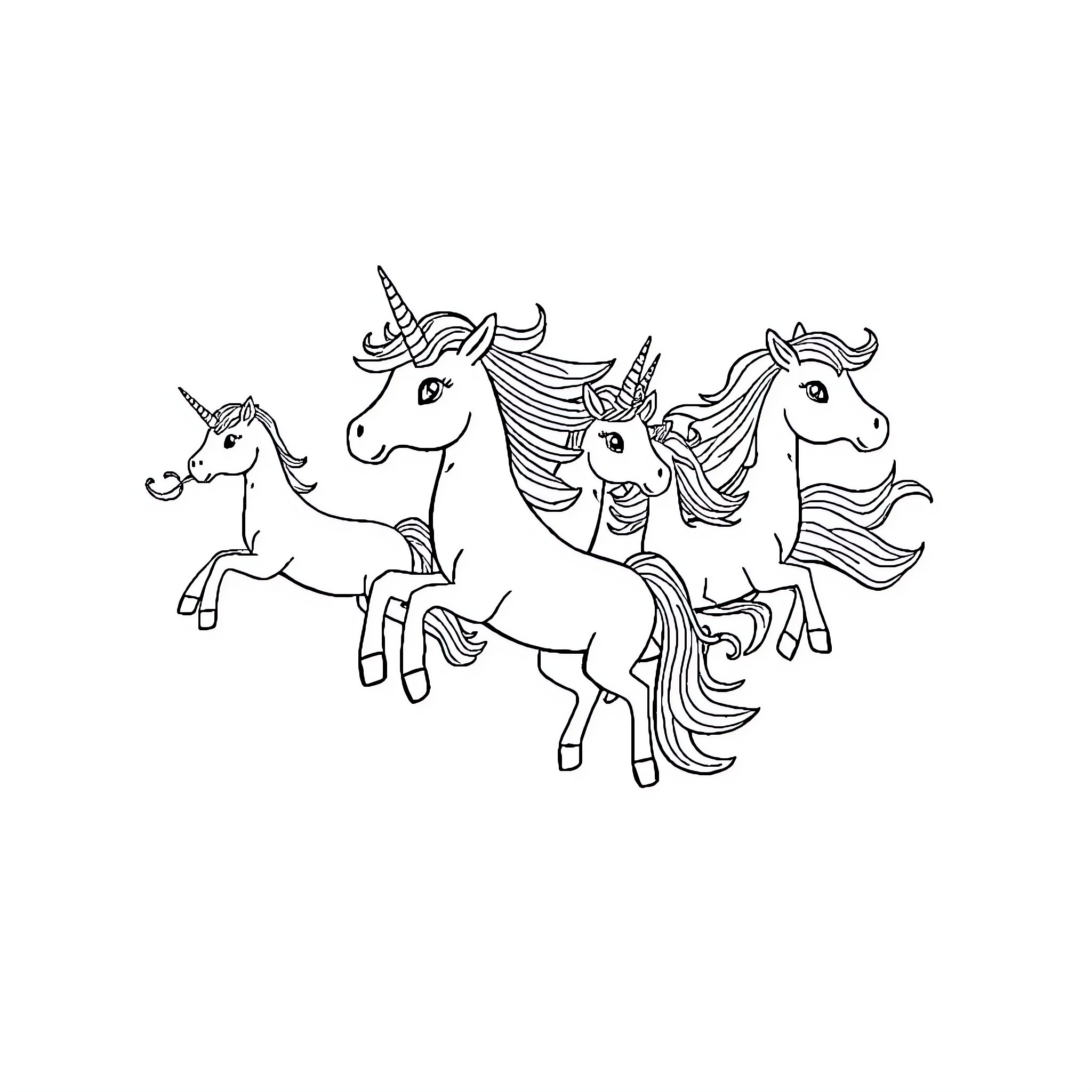 Unicorn family playing happily together Coloring Page (free black-and-white line drawing printable PDF for all, from beginners to advanced learners, including children, teens, adults, and seniors)