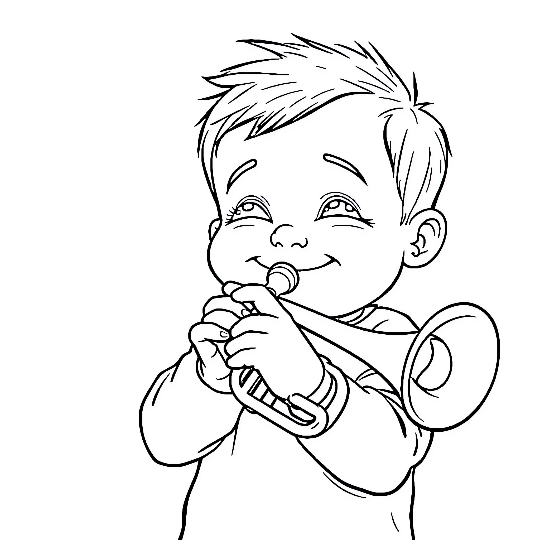 Kid playing with a trumpet Coloring Page (free black-and-white line drawing printable PDF for all, from beginners to advanced learners, including children, teens, adults, and seniors)