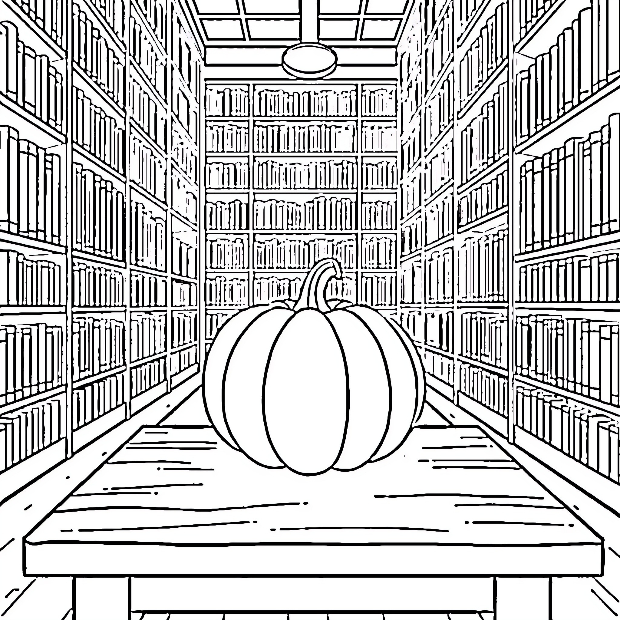 Pumpkin in the library Coloring Page (free black-and-white line drawing printable PDF for all, from beginners to advanced learners, including children, teens, adults, and seniors)