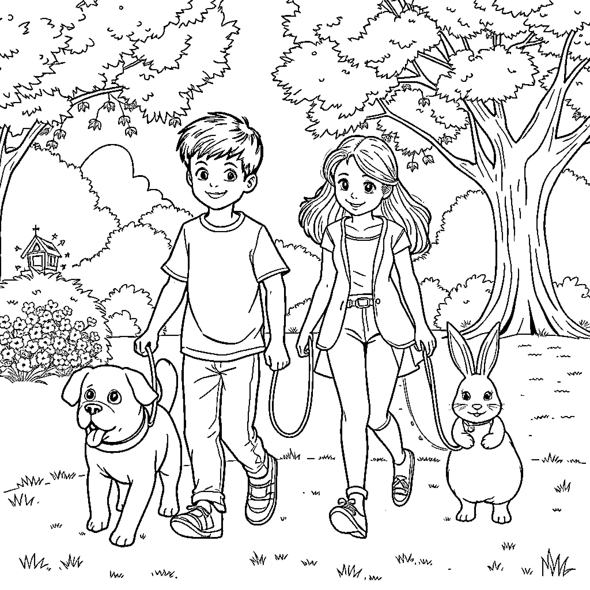 Boy and Girl Enjoying Nature with Pets Coloring Page (free black-and-white line drawing printable PDF for all, from beginners to advanced learners, including children, teens, adults, and seniors)