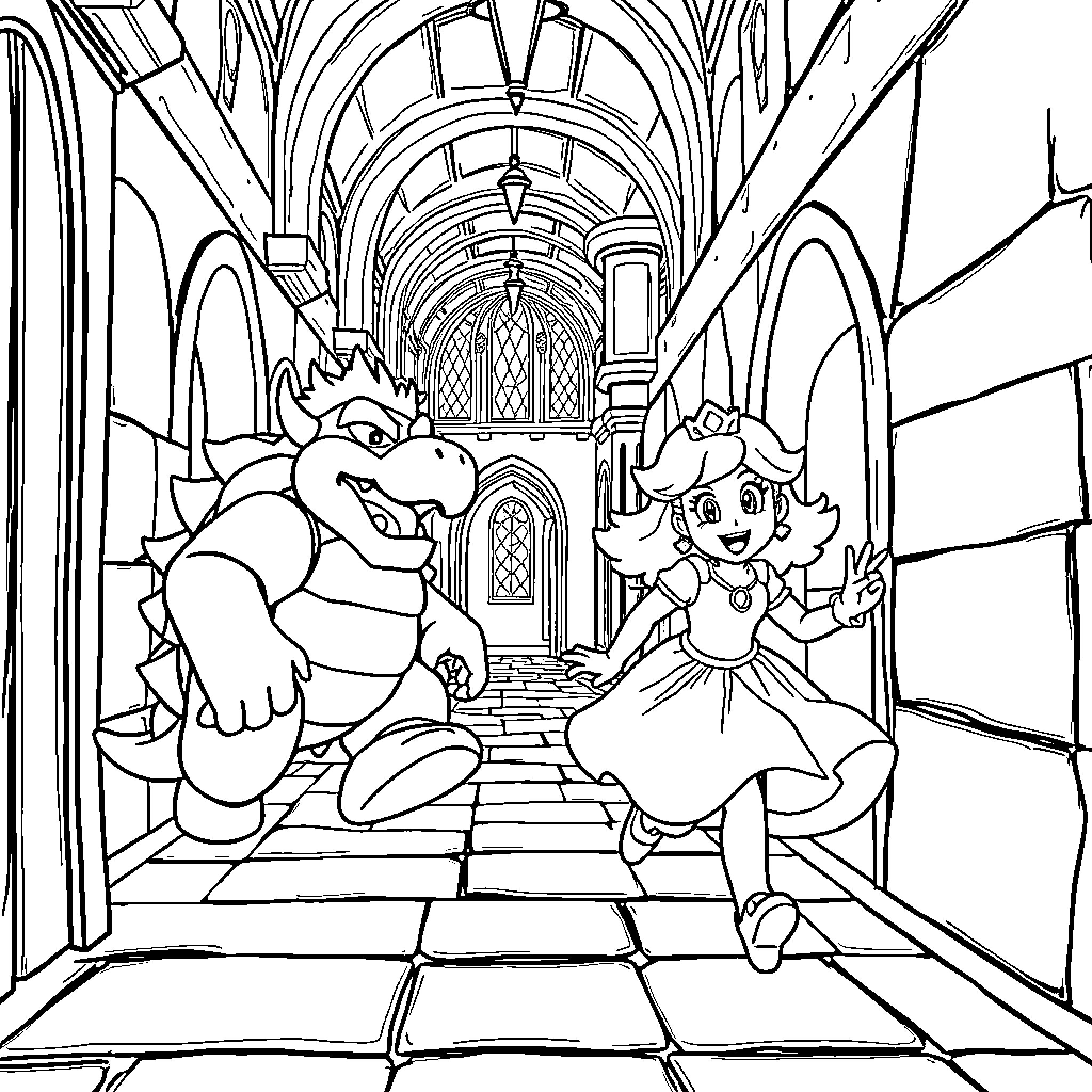 Princess Defies Villainous Beast in Enchanted Castle Coloring Page (free black-and-white line drawing printable PDF for all, from beginners to advanced learners, including children, teens, adults, and seniors)