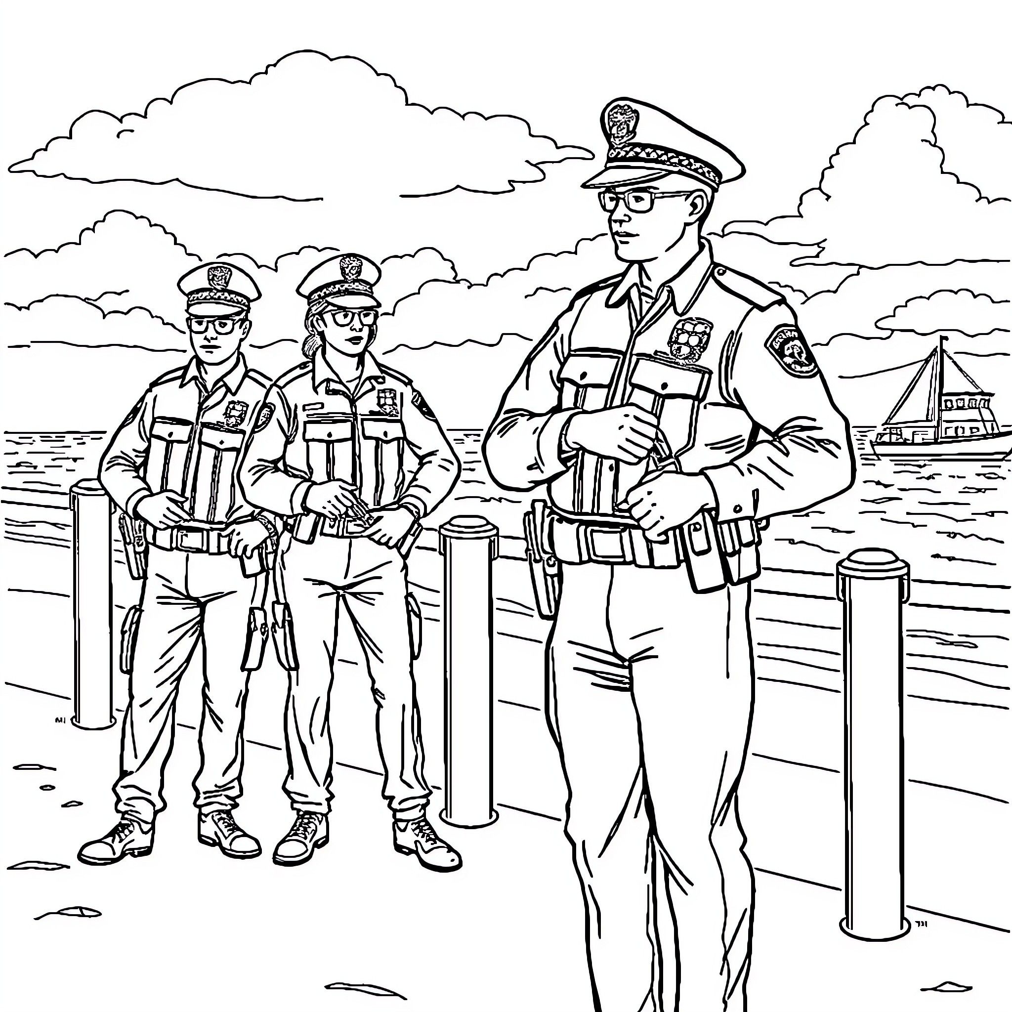 Police officers on patrol at the beach Coloring Page (free black-and-white line drawing printable PDF for all, from beginners to advanced learners, including children, teens, adults, and seniors)