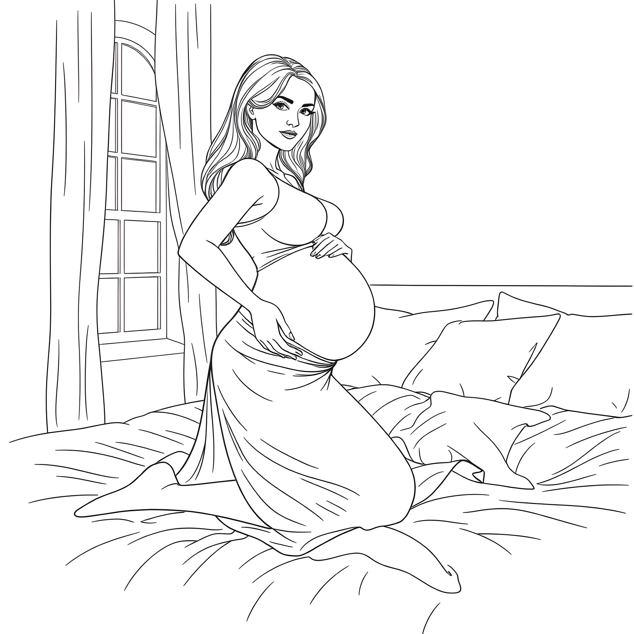 Pregnant Woman Posing Gracefully in her Bedroom Coloring Page (free black-and-white line drawing printable PDF for all, from beginners to advanced learners, including children, teens, adults, and seniors)