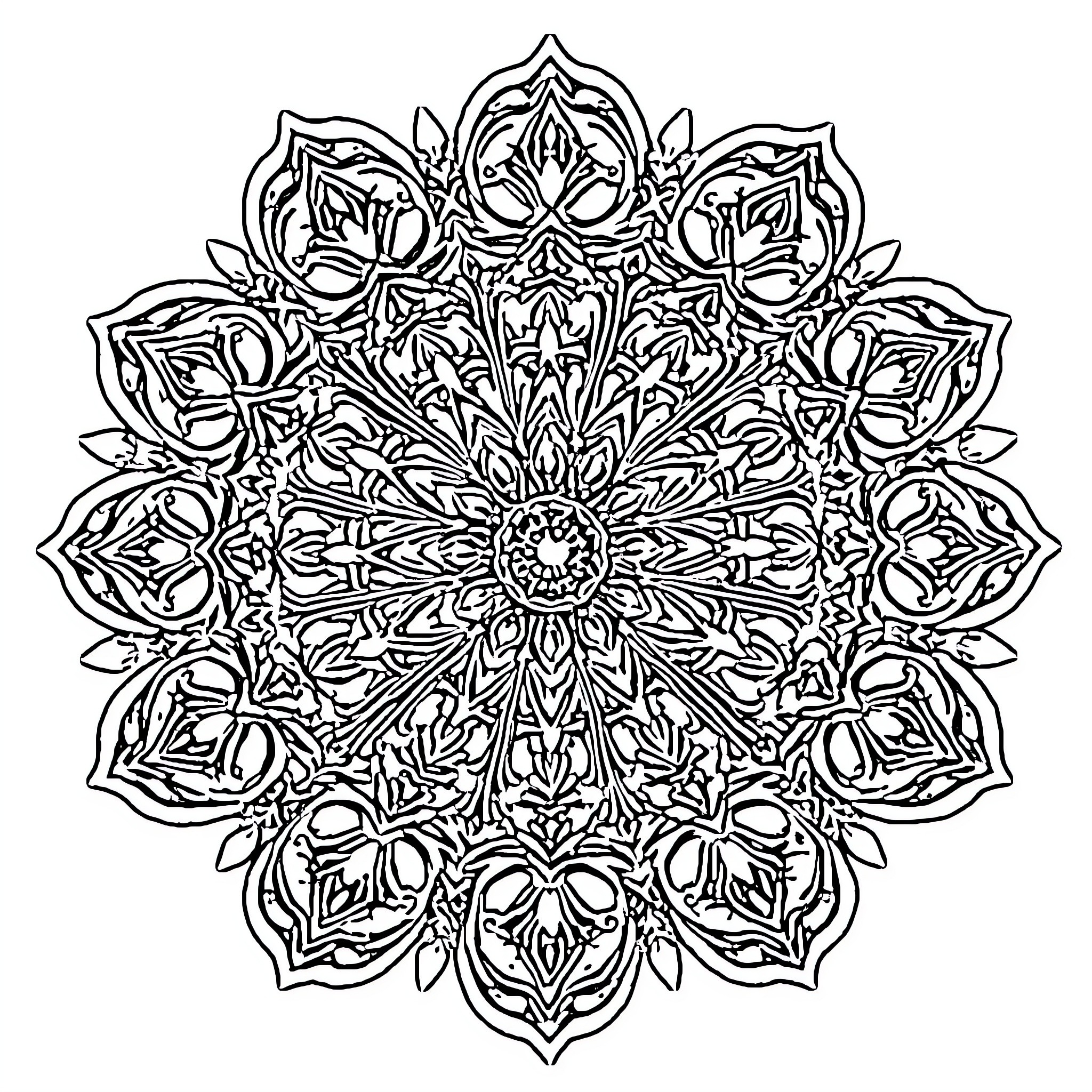 Mandala of intricate floral patterns Coloring Page (free black-and-white line drawing printable PDF for all, from beginners to advanced learners, including children, teens, adults, and seniors)
