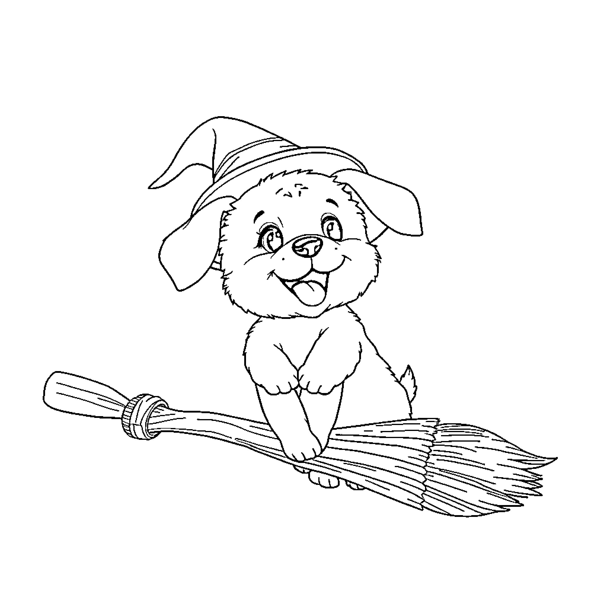 Puppy riding a broomstick Coloring Page (free black-and-white line drawing printable PDF for all, from beginners to advanced learners, including children, teens, adults, and seniors)