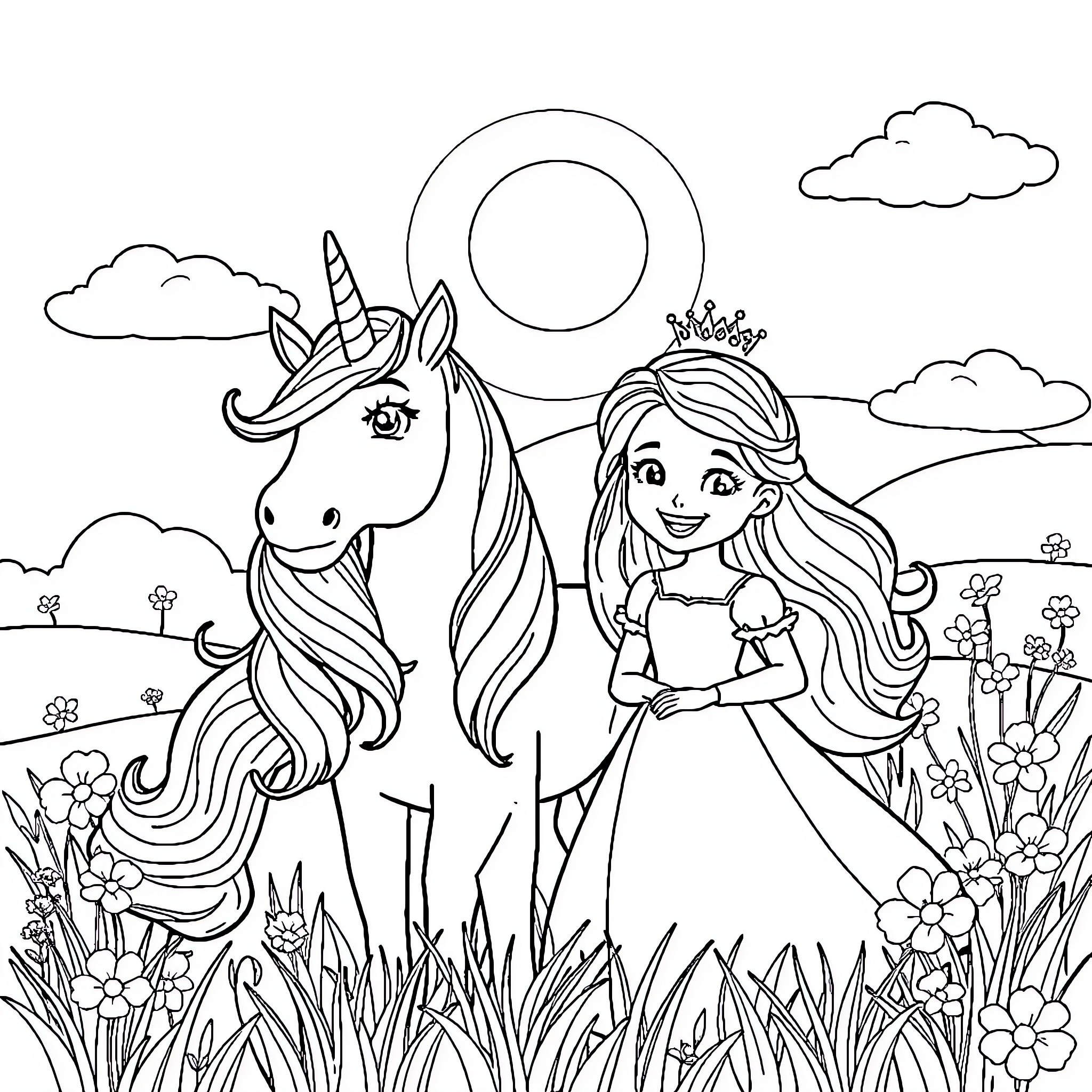 Unicorn and Princess in Magical Meadow Coloring Page (free black-and-white line drawing printable PDF for all, from beginners to advanced learners, including children, teens, adults, and seniors)