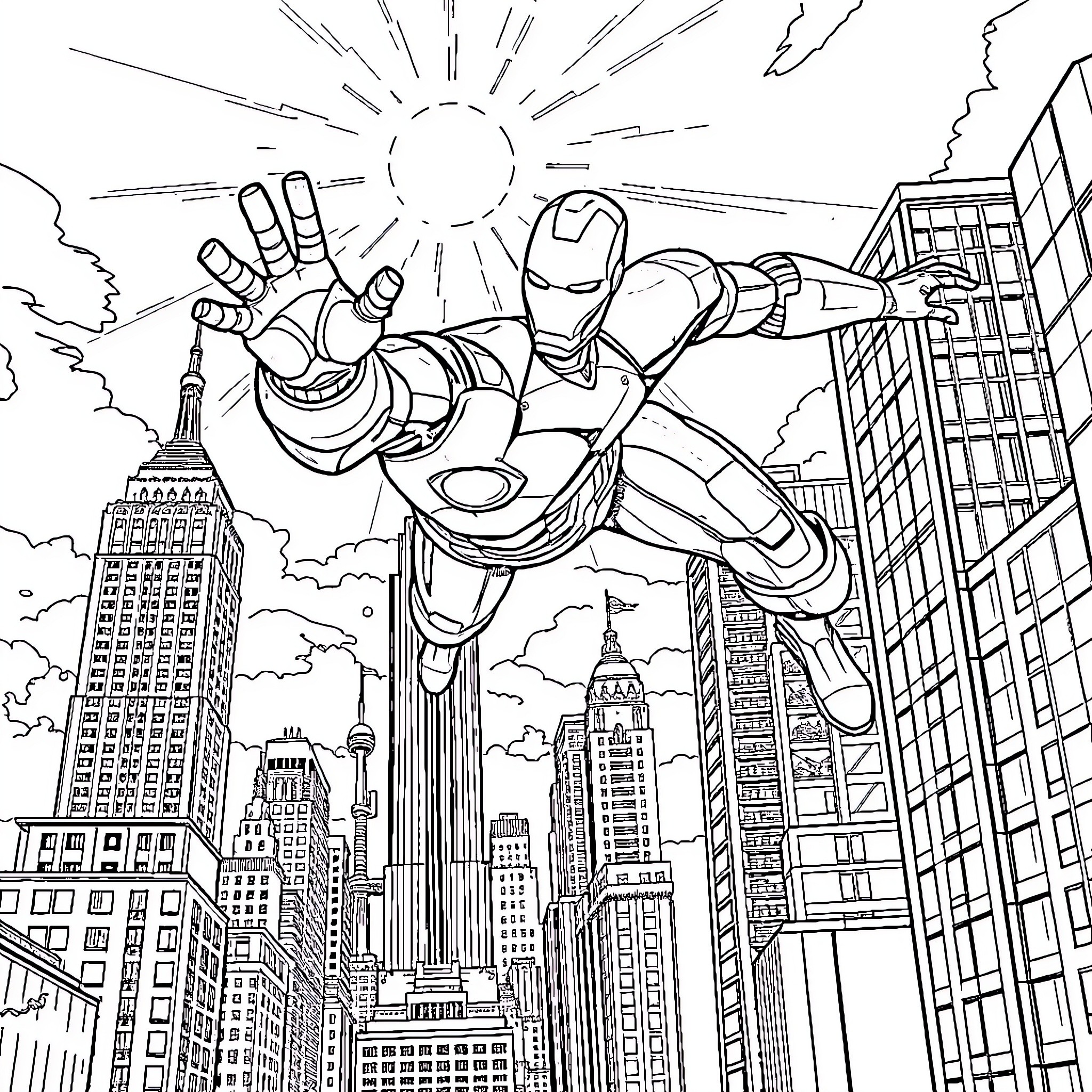 Ironman soaring over the city skyline Coloring Page (free black-and-white line drawing printable PDF for all, from beginners to advanced learners, including children, teens, adults, and seniors)