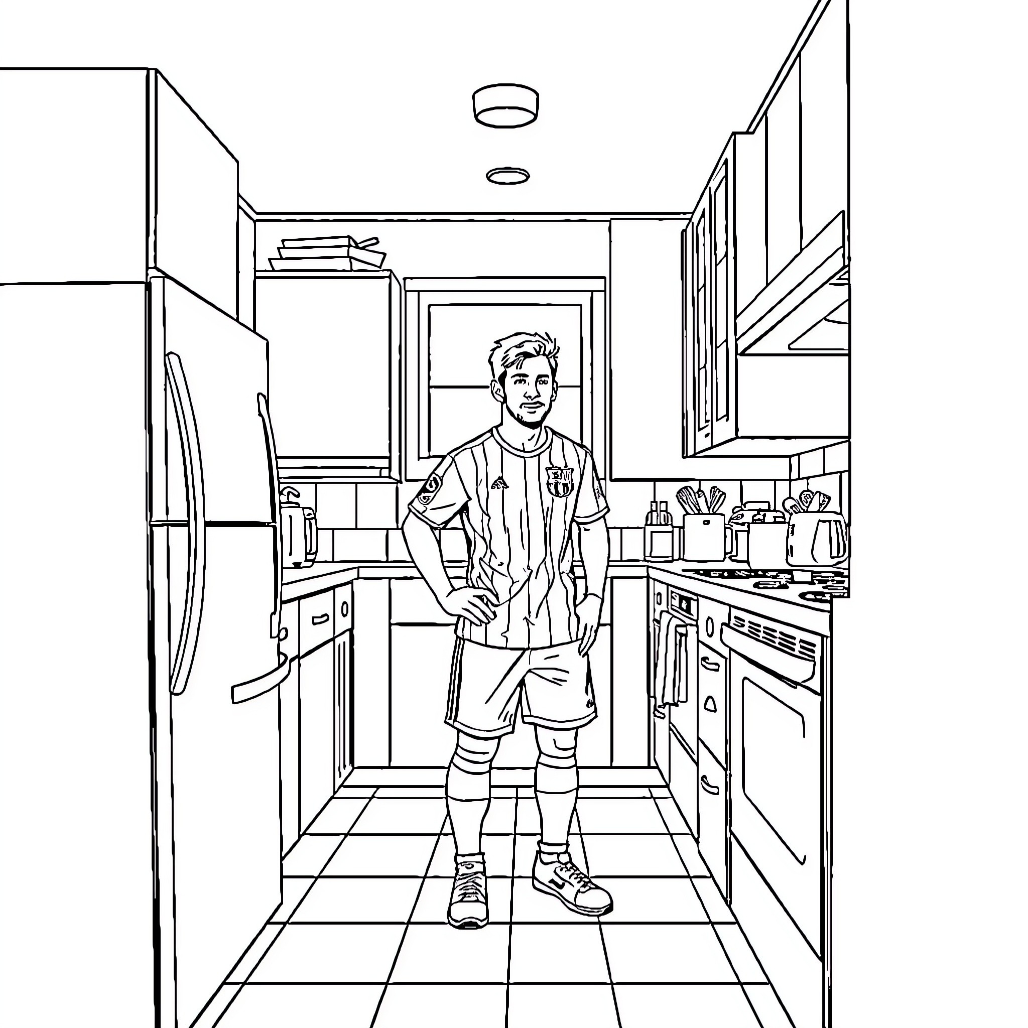 Messi relaxing in his modern kitchen Coloring Page (free black-and-white line drawing printable PDF for all, from beginners to advanced learners, including children, teens, adults, and seniors)