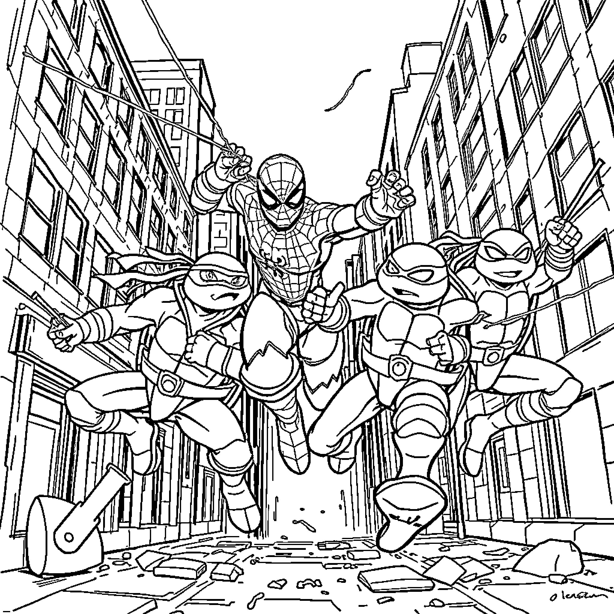 Ninja Turtles fighting together in the city Coloring Page (free black-and-white line drawing printable PDF for all, from beginners to advanced learners, including children, teens, adults, and seniors)