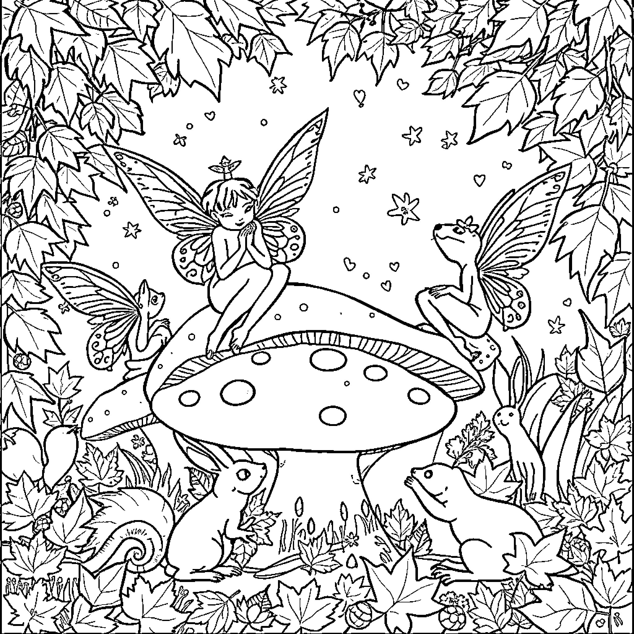 Fairy Creatures in Enchanted Forest Wonderland Coloring Page (free black-and-white line drawing printable PDF for all, from beginners to advanced learners, including children, teens, adults, and seniors)