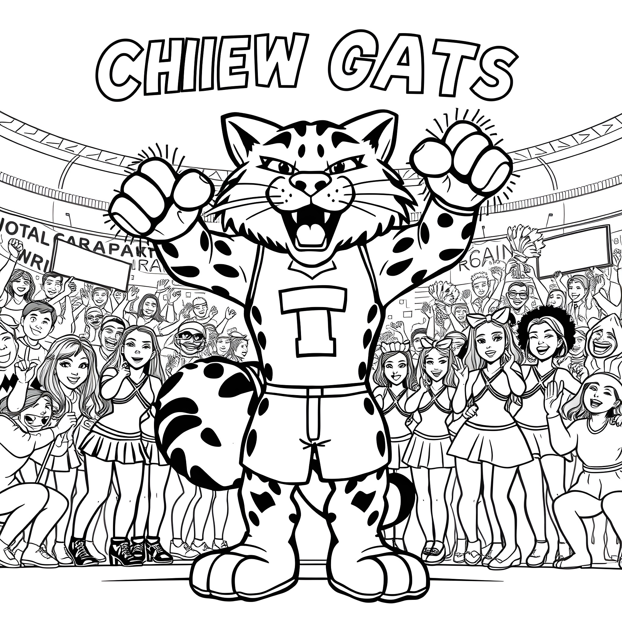 Bobcat mascot cheers with excited crowd Coloring Page (free black-and-white line drawing printable PDF for all, from beginners to advanced learners, including children, teens, adults, and seniors)