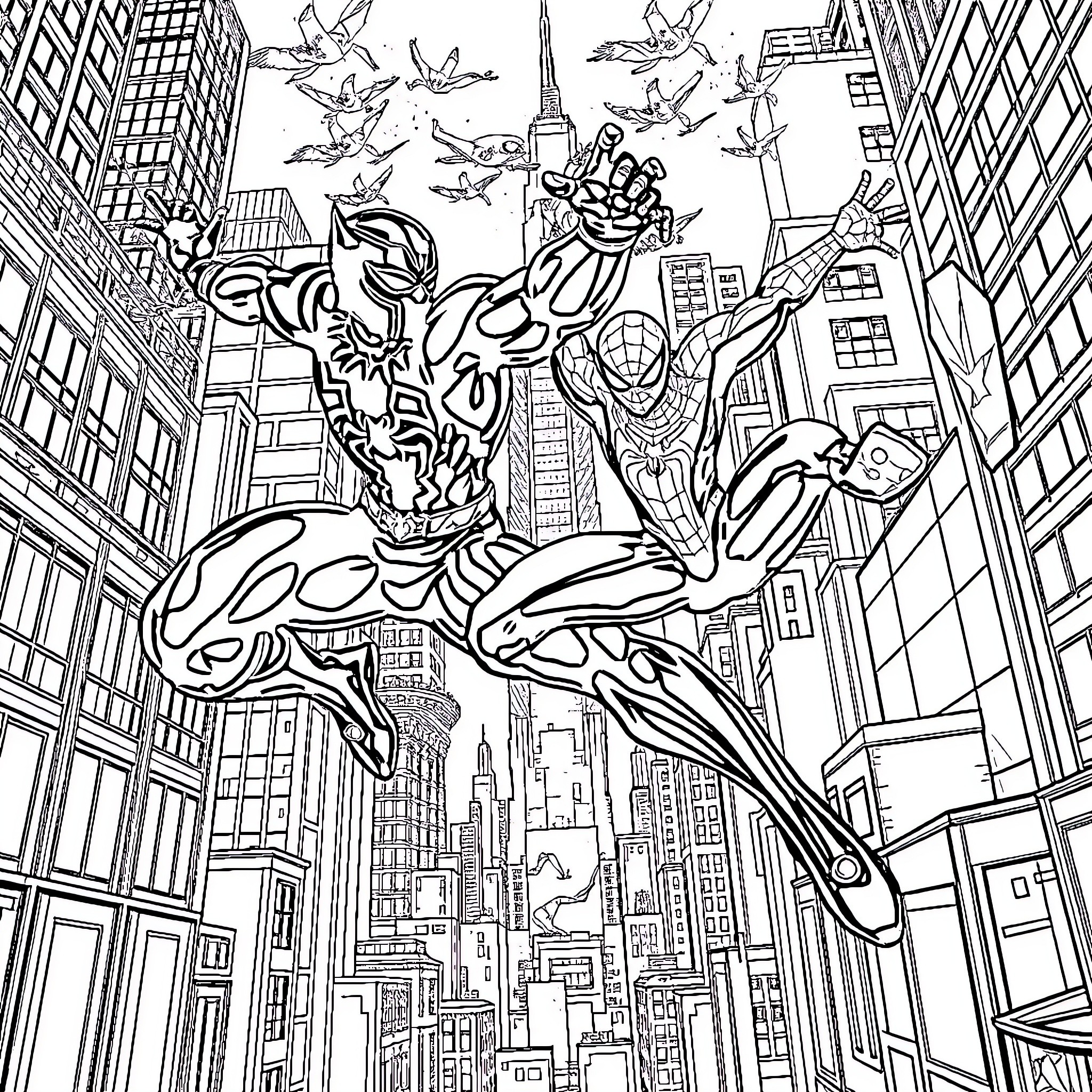 Black Panther leaping through the city skyline Coloring Page (free black-and-white line drawing printable PDF for all, from beginners to advanced learners, including children, teens, adults, and seniors)