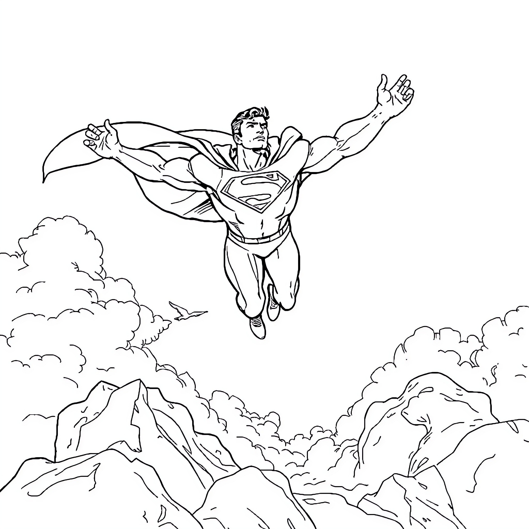 Superman soaring through the sky over rugged terrain Coloring Page (free black-and-white line drawing printable PDF for all, from beginners to advanced learners, including children, teens, adults, and seniors)