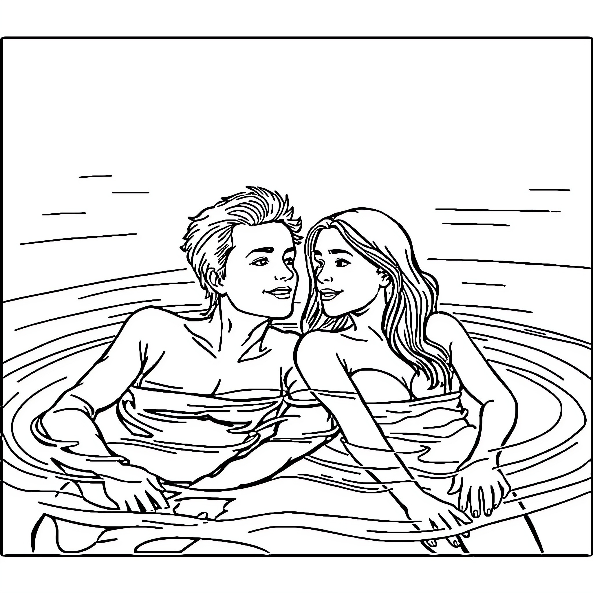 Person couple enjoying time together in water Coloring Page (free black-and-white line drawing printable PDF for all, from beginners to advanced learners, including children, teens, adults, and seniors)