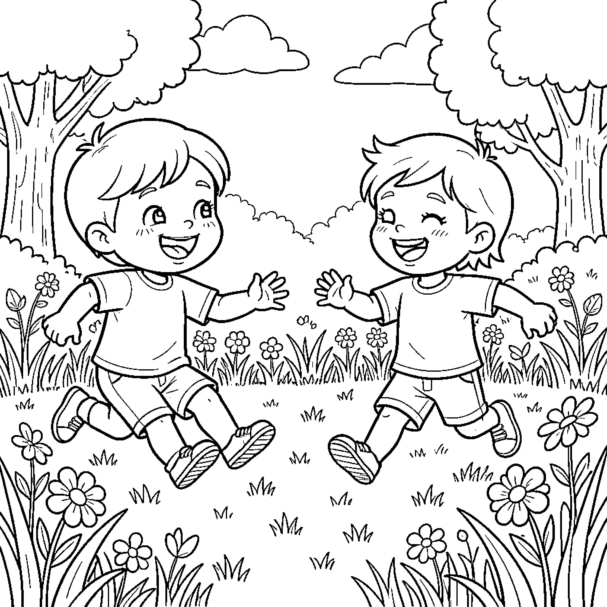 Kid running and laughing joyfully in a meadow Coloring Page (free black-and-white line drawing printable PDF for all, from beginners to advanced learners, including children, teens, adults, and seniors)