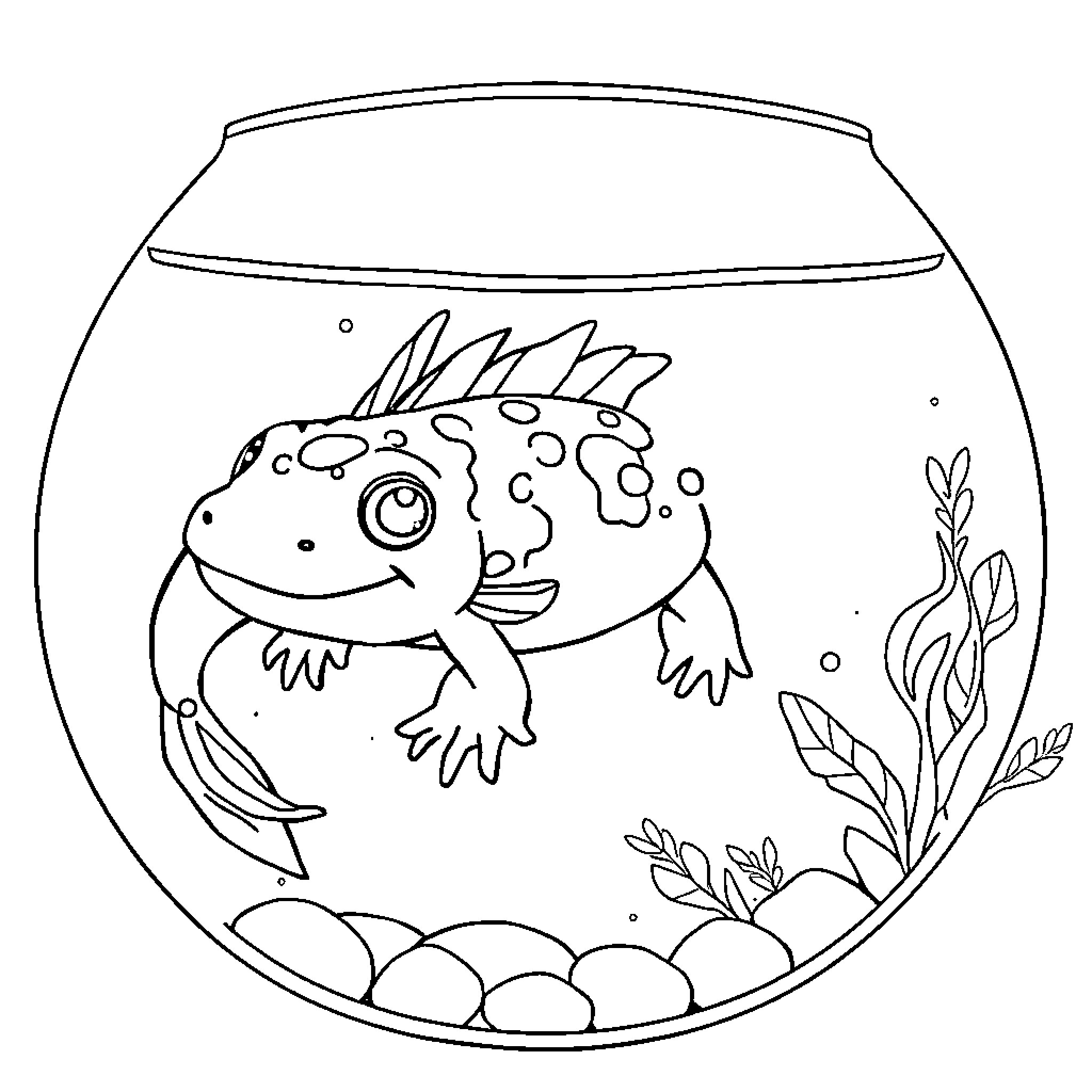Axolotl swimming joyfully in aquarium Coloring Page (free black-and-white line drawing printable PDF for all, from beginners to advanced learners, including children, teens, adults, and seniors)