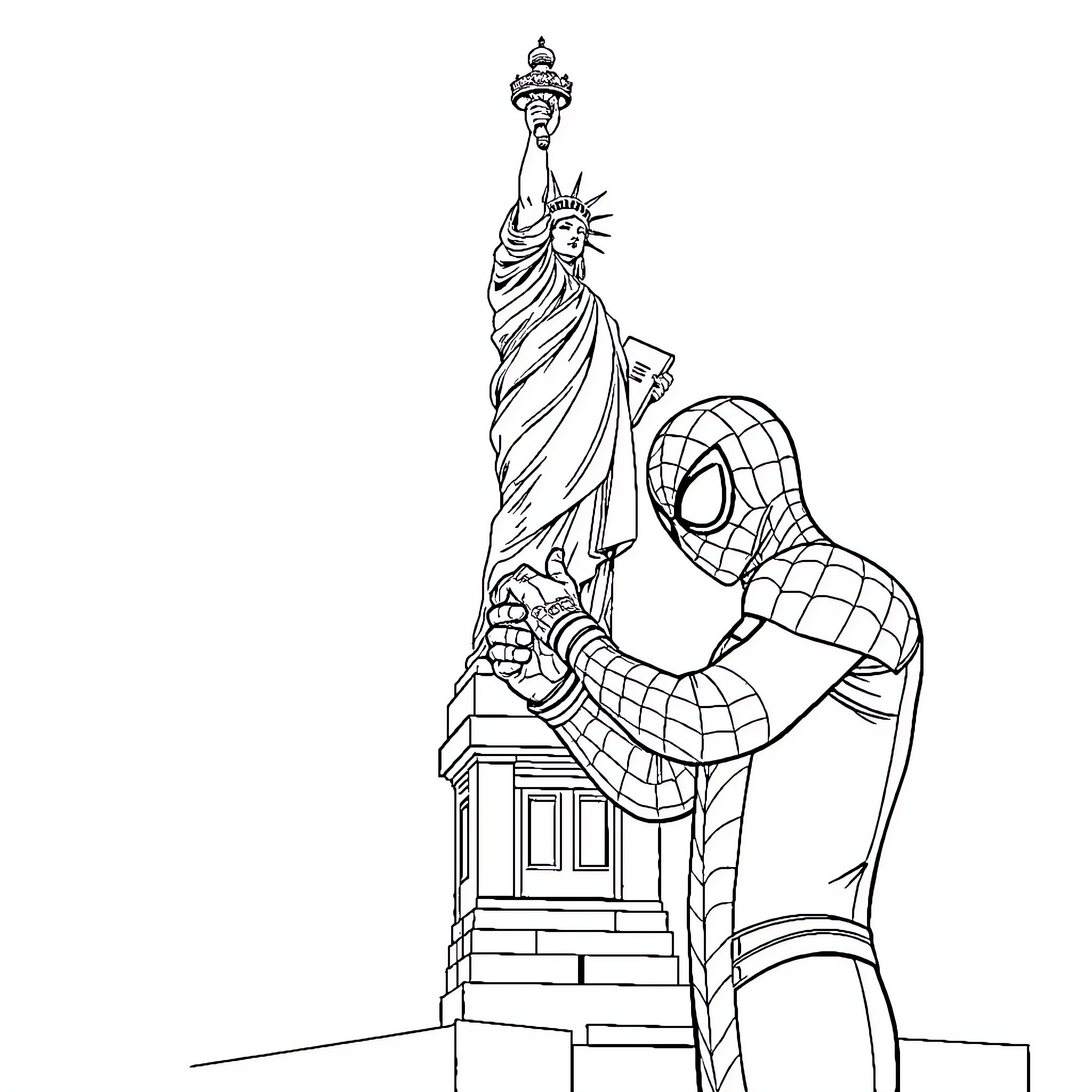 Spiderman admiring the Statue of Liberty Coloring Page (free black-and-white line drawing printable PDF for all, from beginners to advanced learners, including children, teens, adults, and seniors)