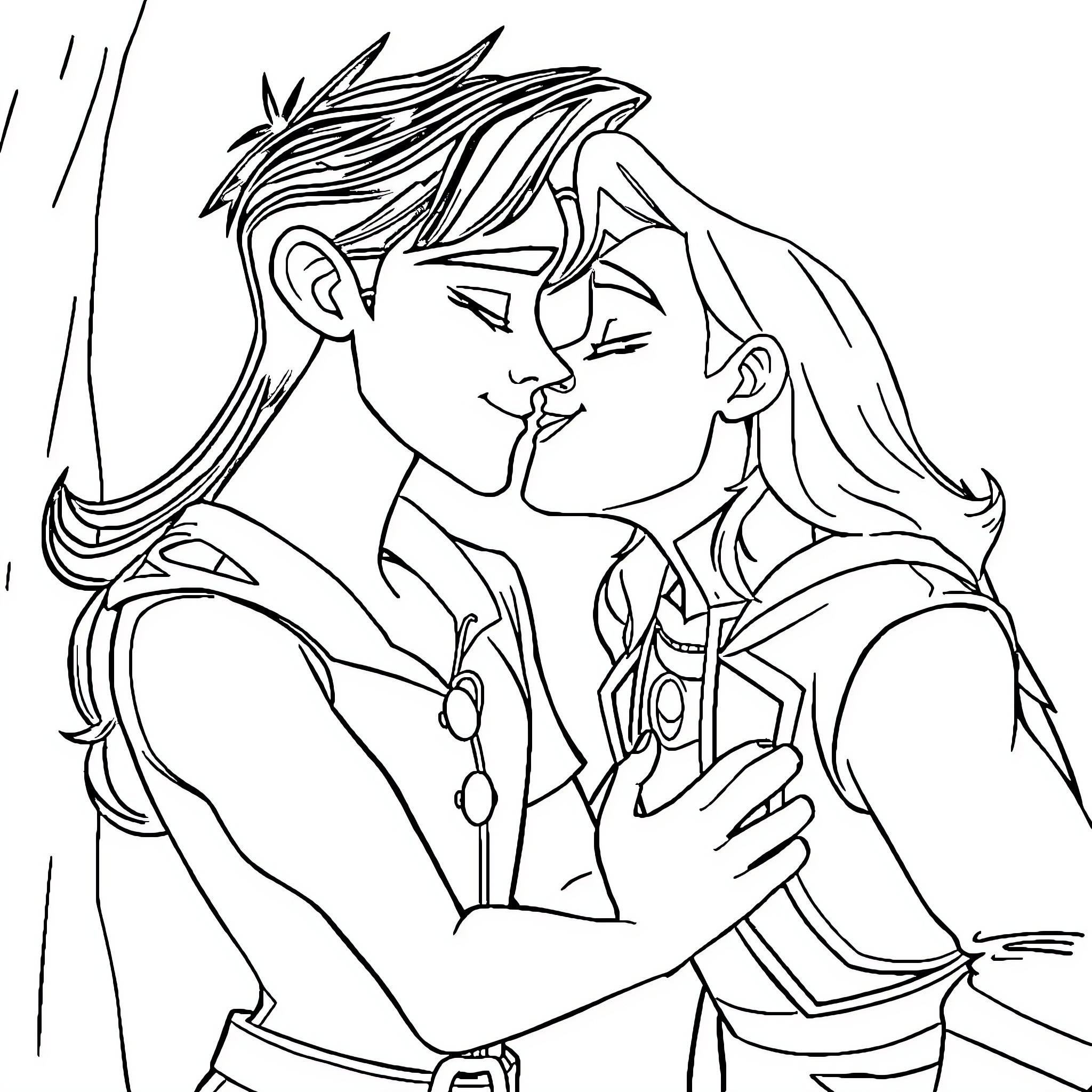 Maleficent Couple Embracing in the Rain Coloring Page (free black-and-white line drawing printable PDF for all, from beginners to advanced learners, including children, teens, adults, and seniors)