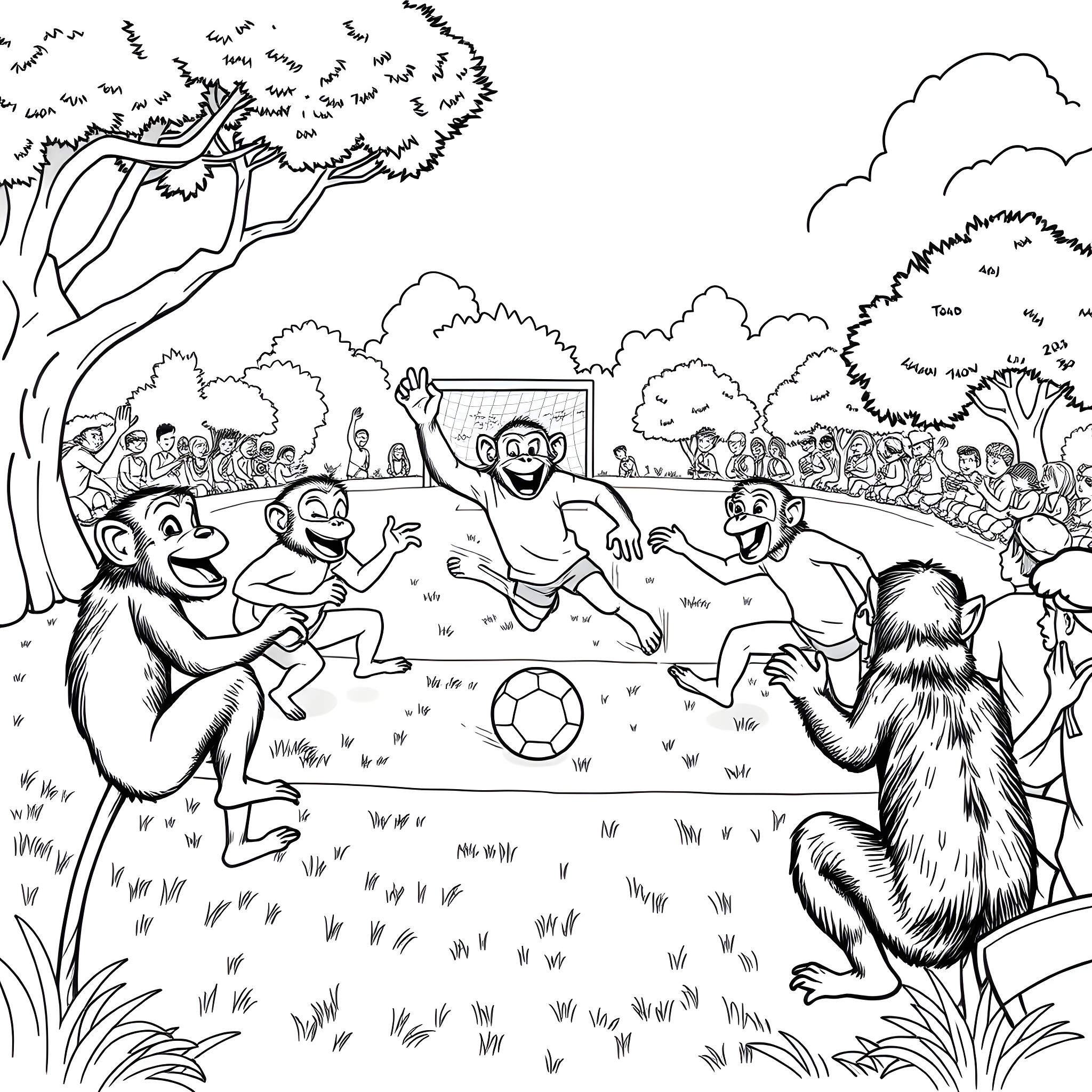 Monkeys playing soccer in the park Coloring Page (free black-and-white line drawing printable PDF for all, from beginners to advanced learners, including children, teens, adults, and seniors)