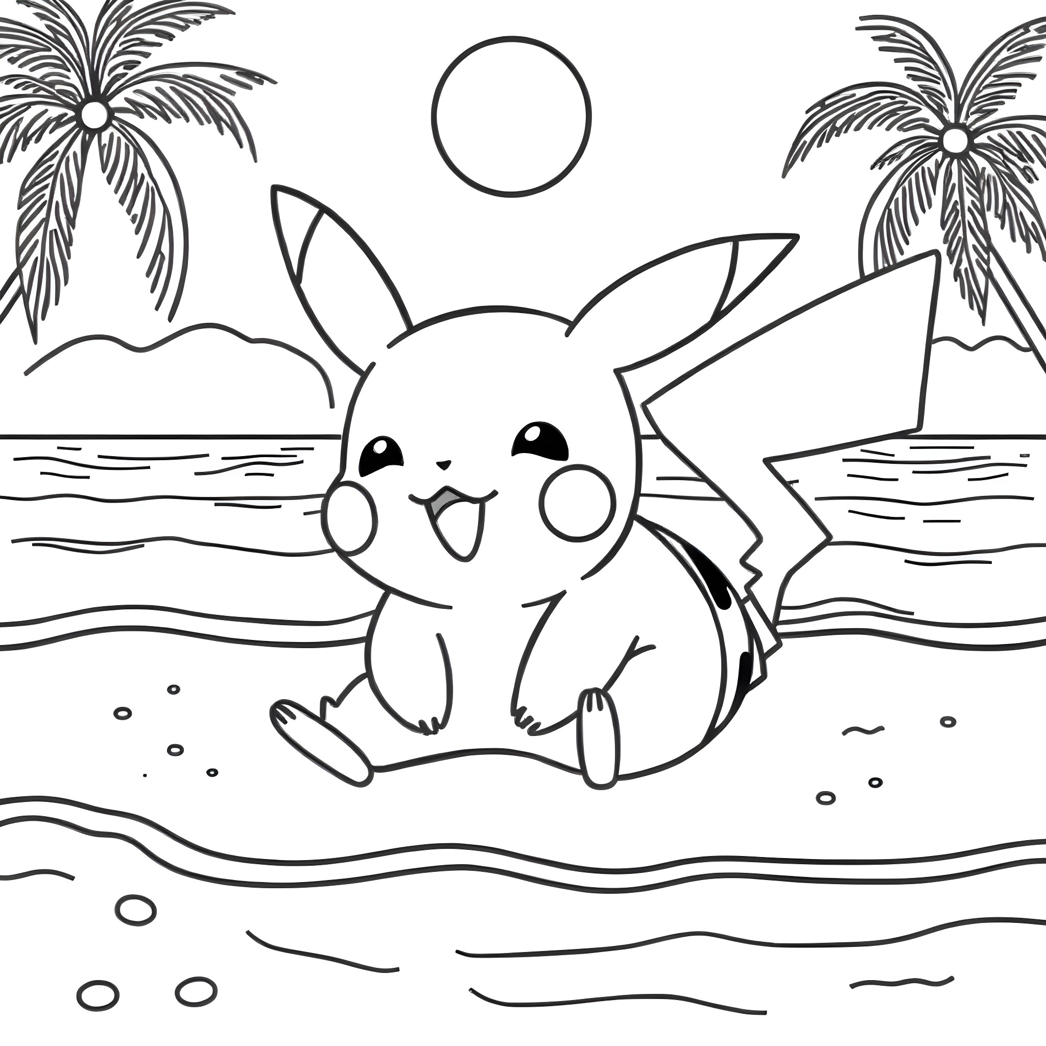 Pikachu playing on the beach Coloring Page (free black-and-white line drawing printable PDF for all, from beginners to advanced learners, including children, teens, adults, and seniors)