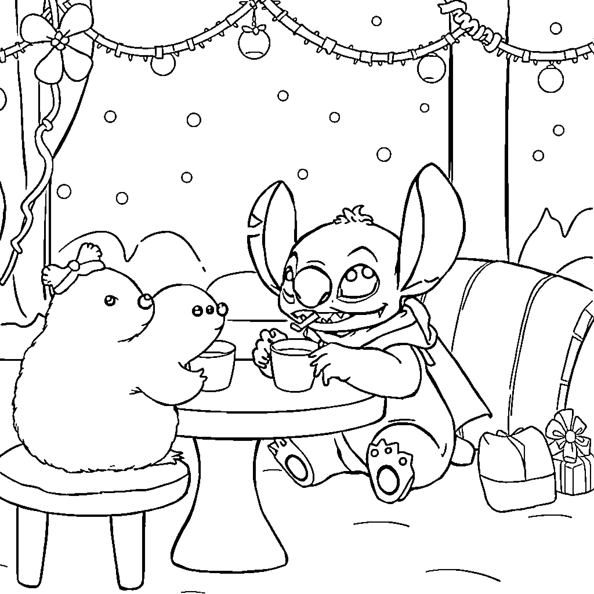 Stitch enjoying a festive tea party with his friends Coloring Page (free black-and-white line drawing printable PDF for all, from beginners to advanced learners, including children, teens, adults, and seniors)