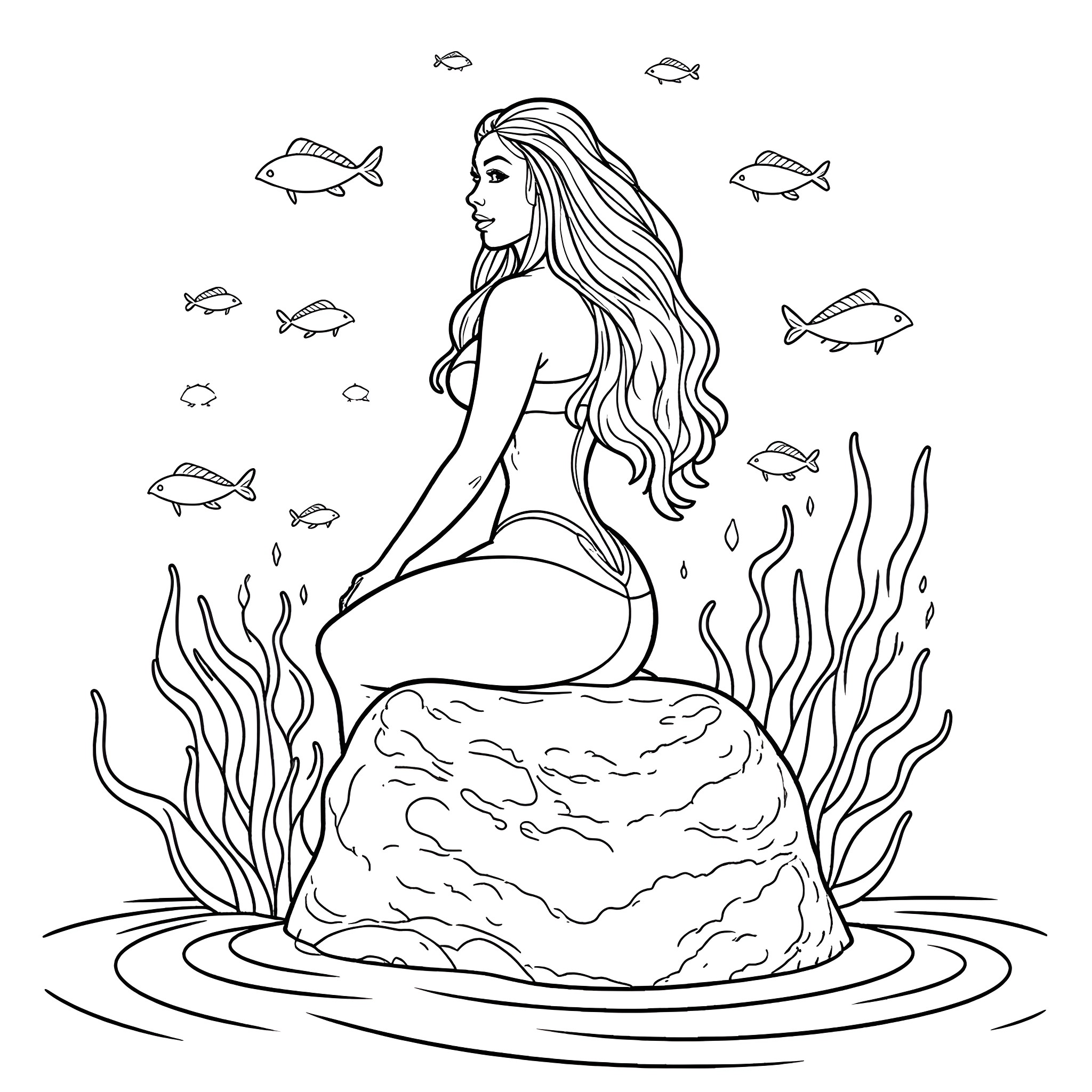 Siren sitting on a rock in the ocean Coloring Page (free black-and-white line drawing printable PDF for all, from beginners to advanced learners, including children, teens, adults, and seniors)
