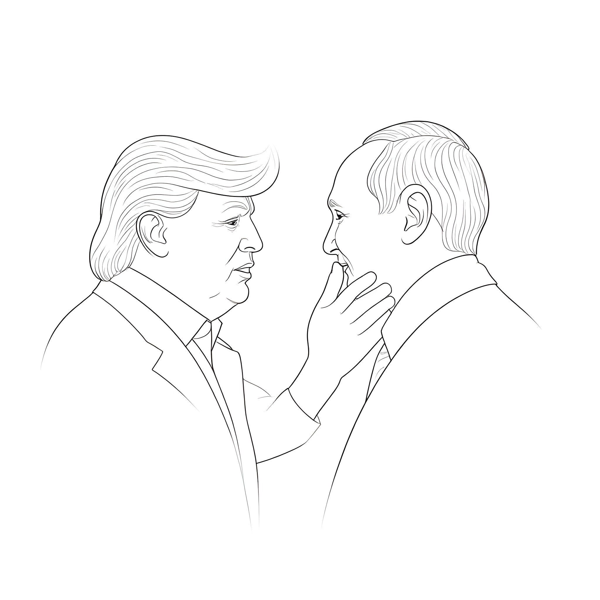 Donald Trump in heated discussion with another man Coloring Page (free black-and-white line drawing printable PDF for all, from beginners to advanced learners, including children, teens, adults, and seniors)