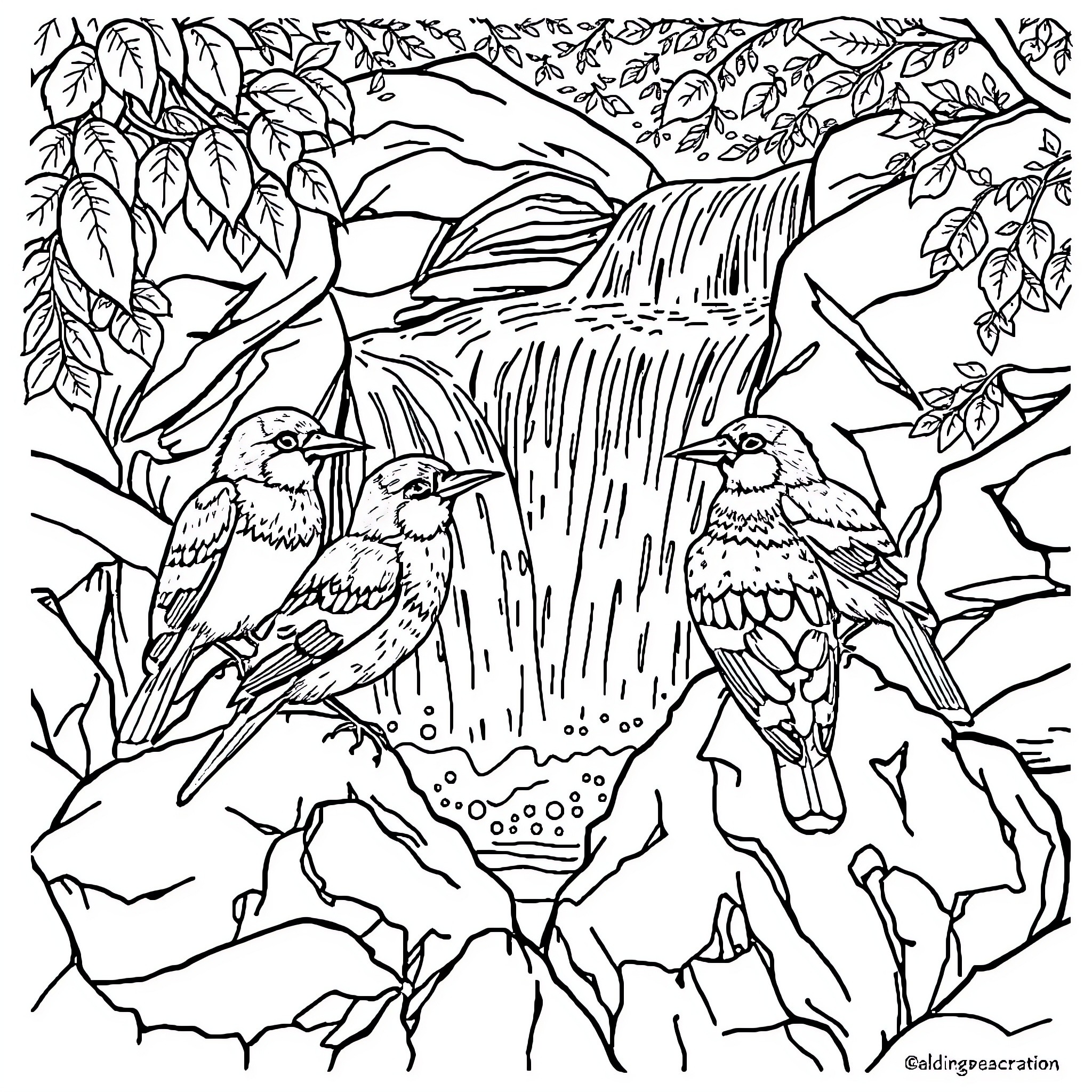 Bird Pair Resting by Serene Waterfall Coloring Page (free black-and-white line drawing printable PDF for all, from beginners to advanced learners, including children, teens, adults, and seniors)