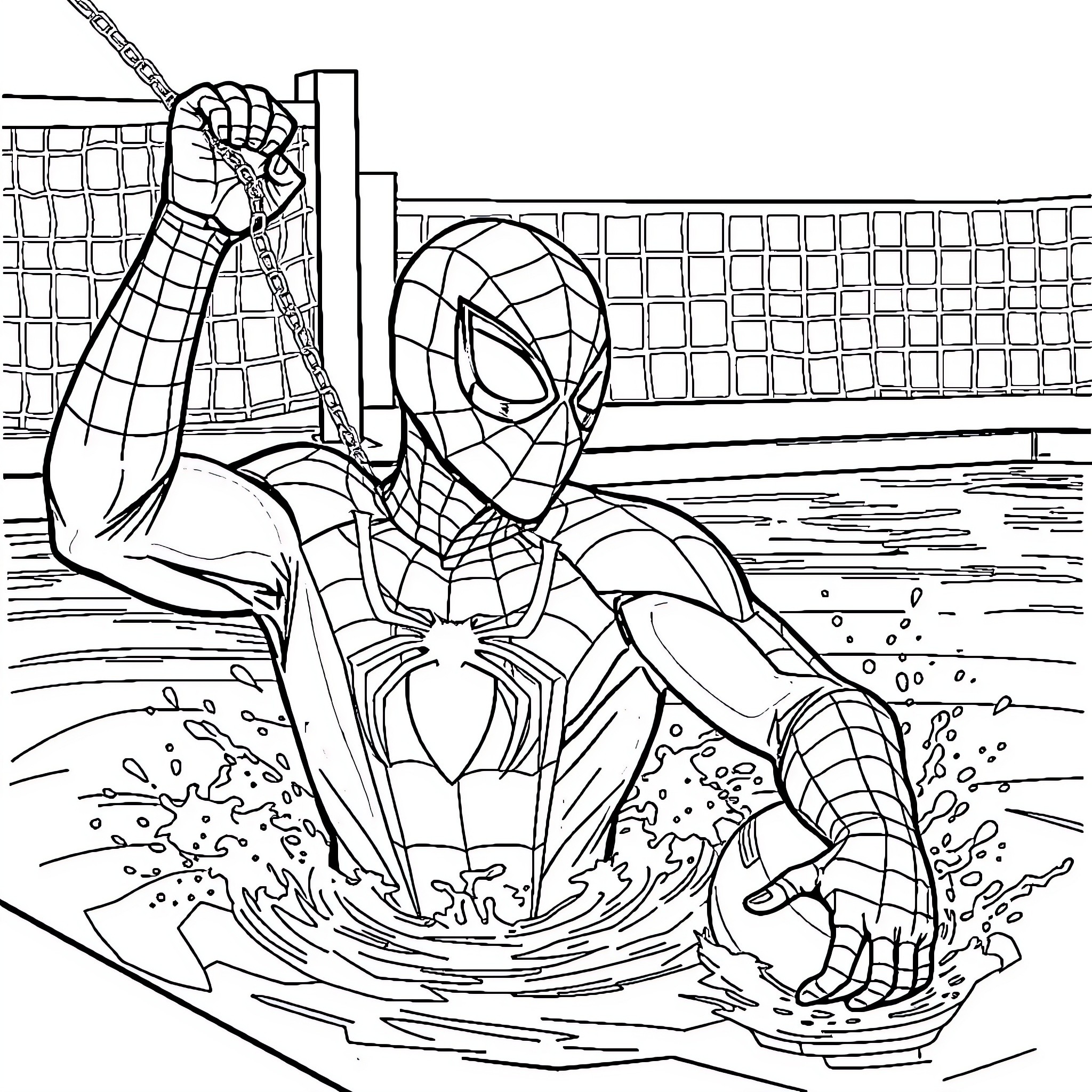 Spiderman swinging through the city Coloring Page (free black-and-white line drawing printable PDF for all, from beginners to advanced learners, including children, teens, adults, and seniors)