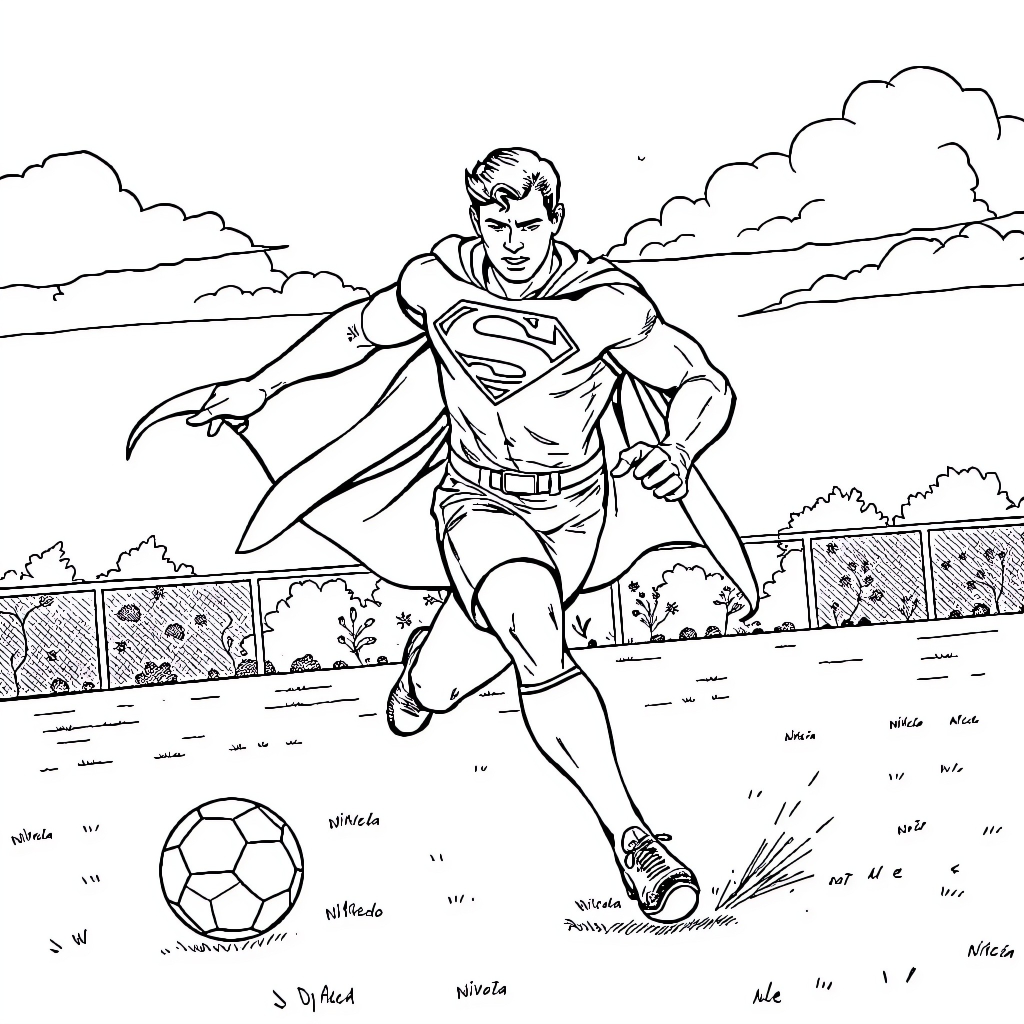 Superman kicking a soccer ball in the park Coloring Page (free black-and-white line drawing printable PDF for all, from beginners to advanced learners, including children, teens, adults, and seniors)