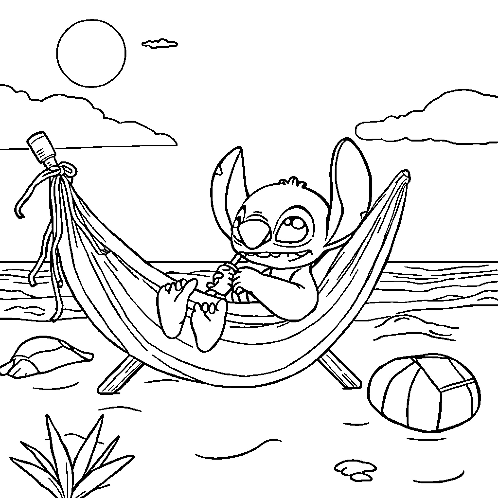 Stitch relaxing in a hammock by the beach Coloring Page (free black-and-white line drawing printable PDF for all, from beginners to advanced learners, including children, teens, adults, and seniors)