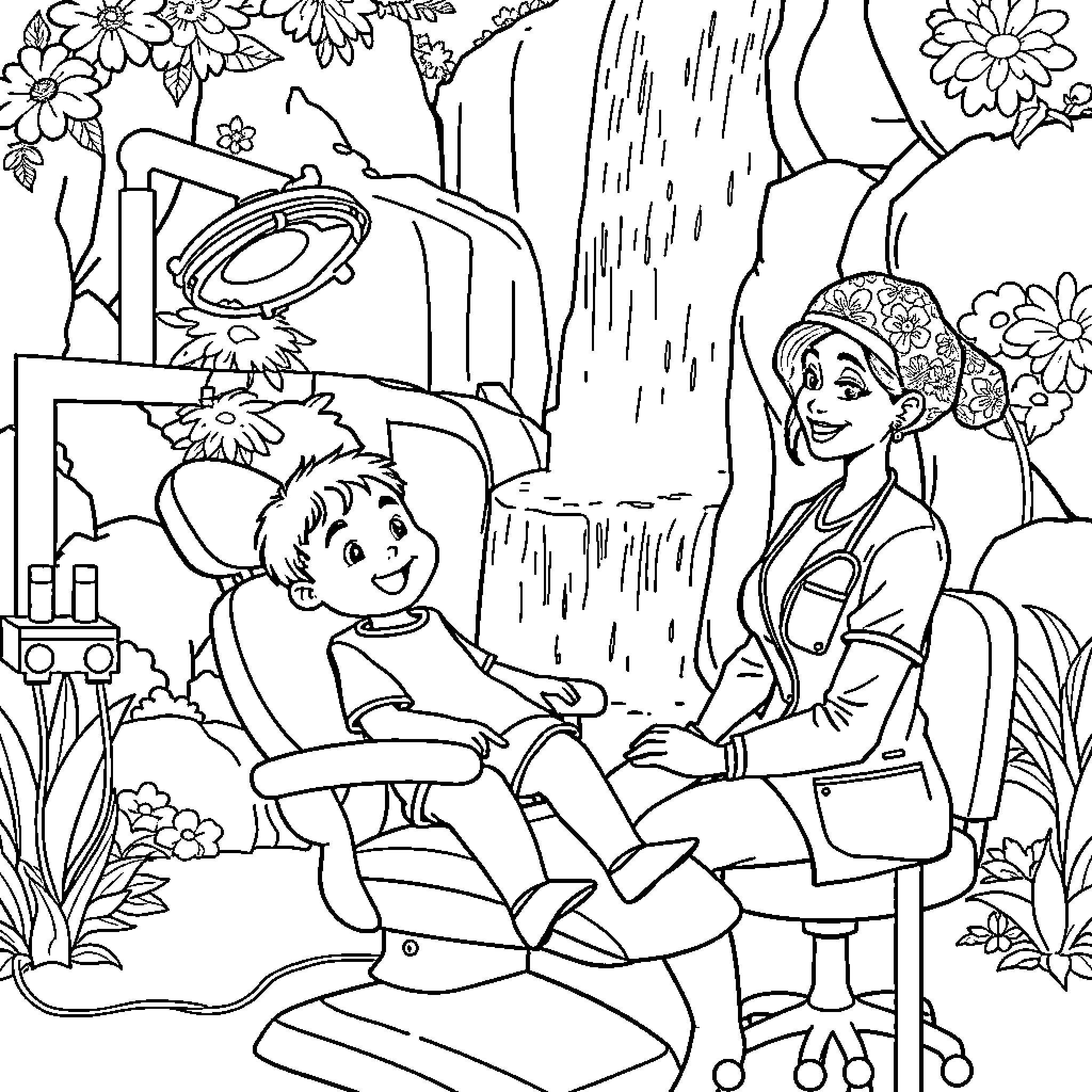 Child visiting dentist in garden setting Coloring Page (free black-and-white line drawing printable PDF for all, from beginners to advanced learners, including children, teens, adults, and seniors)