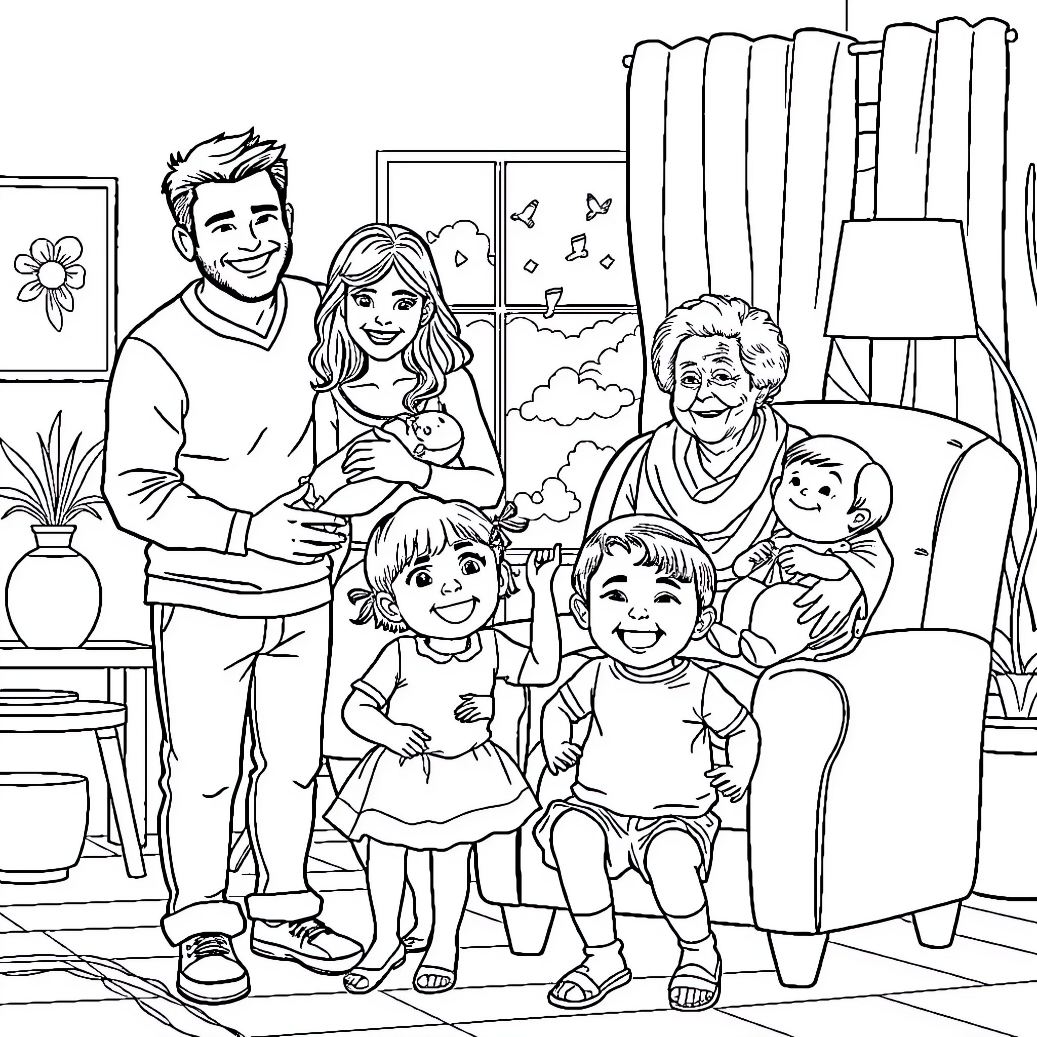 Family Enjoying Quality Time at Home Coloring Page (free black-and-white line drawing printable PDF for all, from beginners to advanced learners, including children, teens, adults, and seniors)