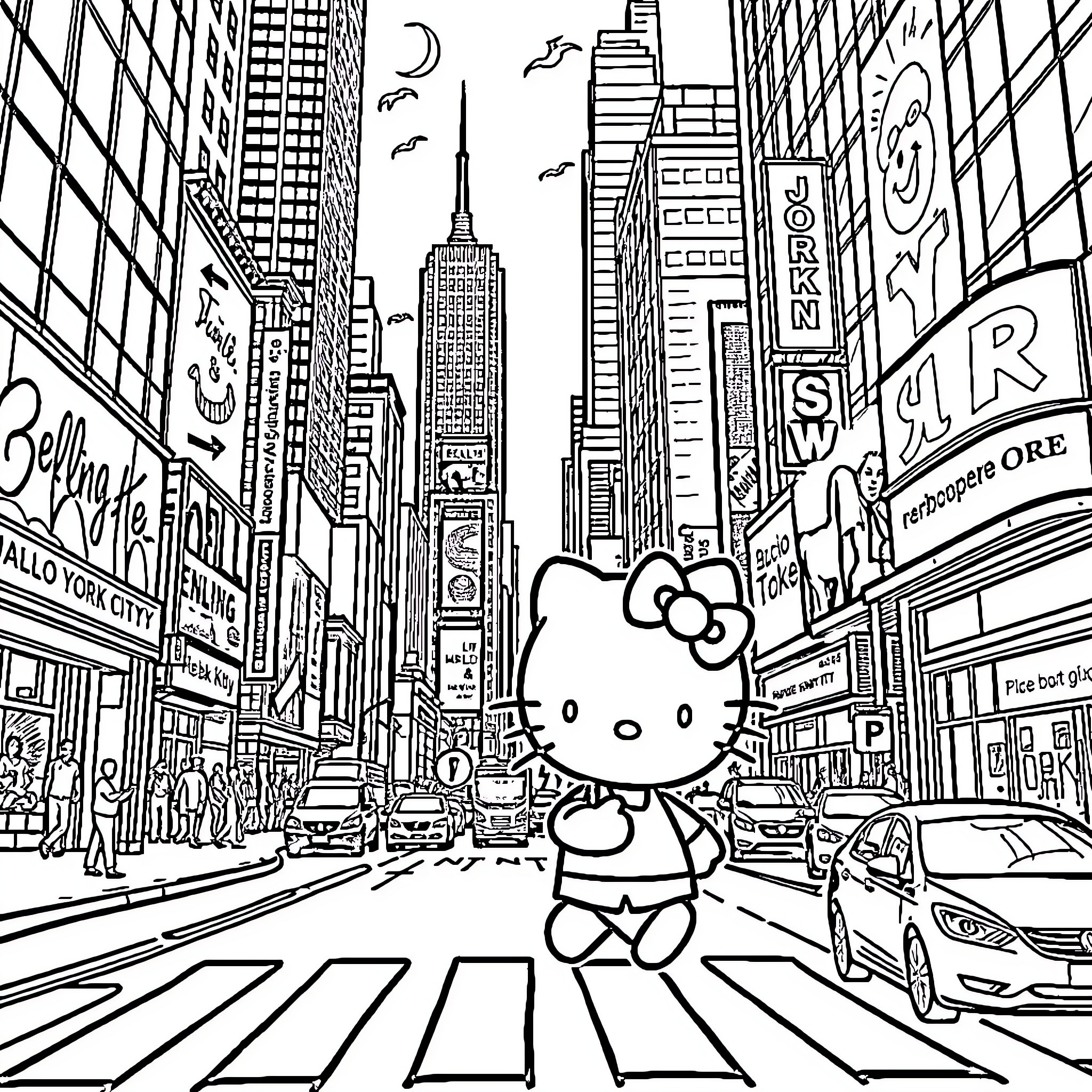 Hello Kitty exploring the bustling city streets Coloring Page (free black-and-white line drawing printable PDF for all, from beginners to advanced learners, including children, teens, adults, and seniors)