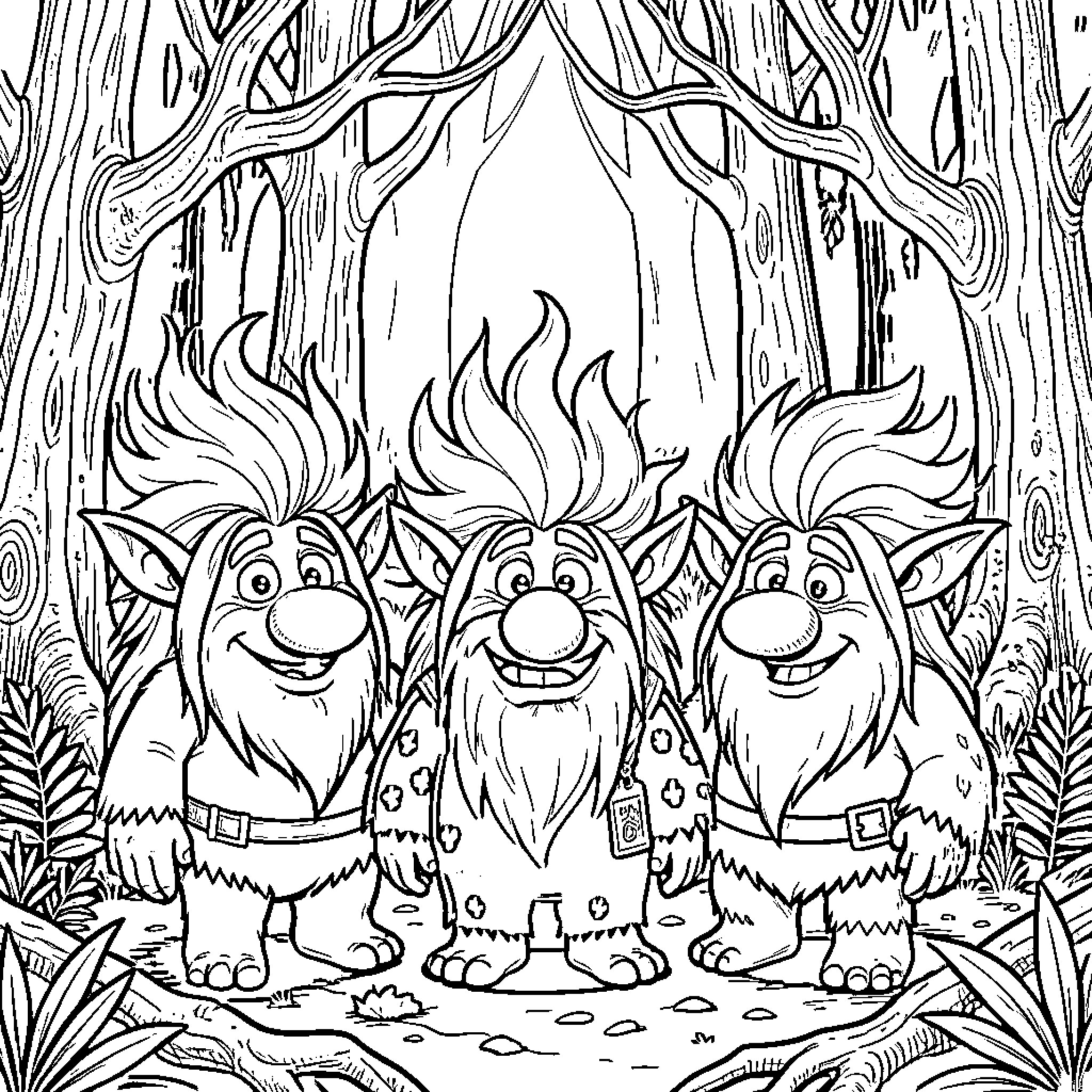 Troll Trio Frolicking in the Enchanted Forest Coloring Page (free black-and-white line drawing printable PDF for all, from beginners to advanced learners, including children, teens, adults, and seniors)