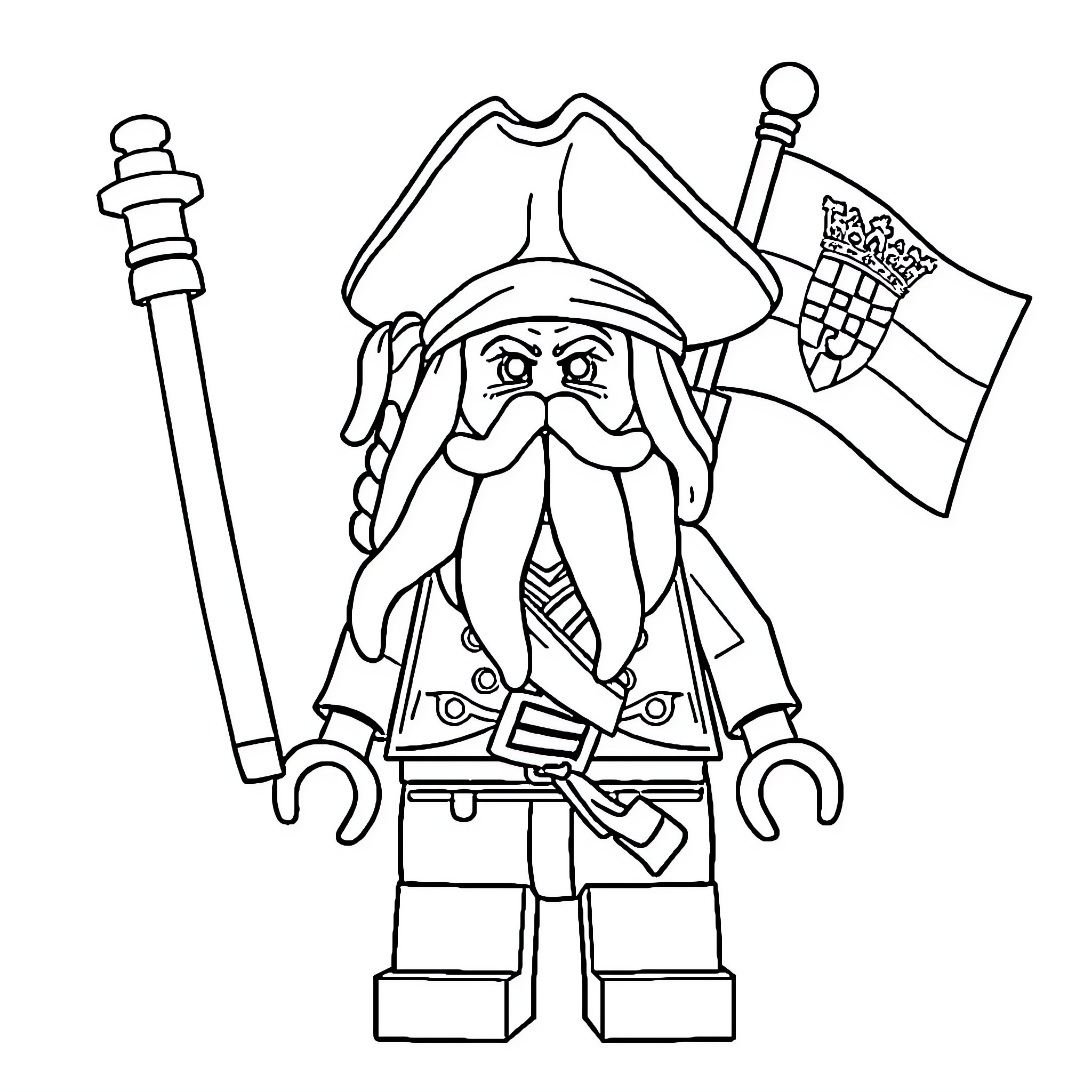 Davy Jones the Pirate with Sword and Flag Coloring Page (free black-and-white line drawing printable PDF for all, from beginners to advanced learners, including children, teens, adults, and seniors)