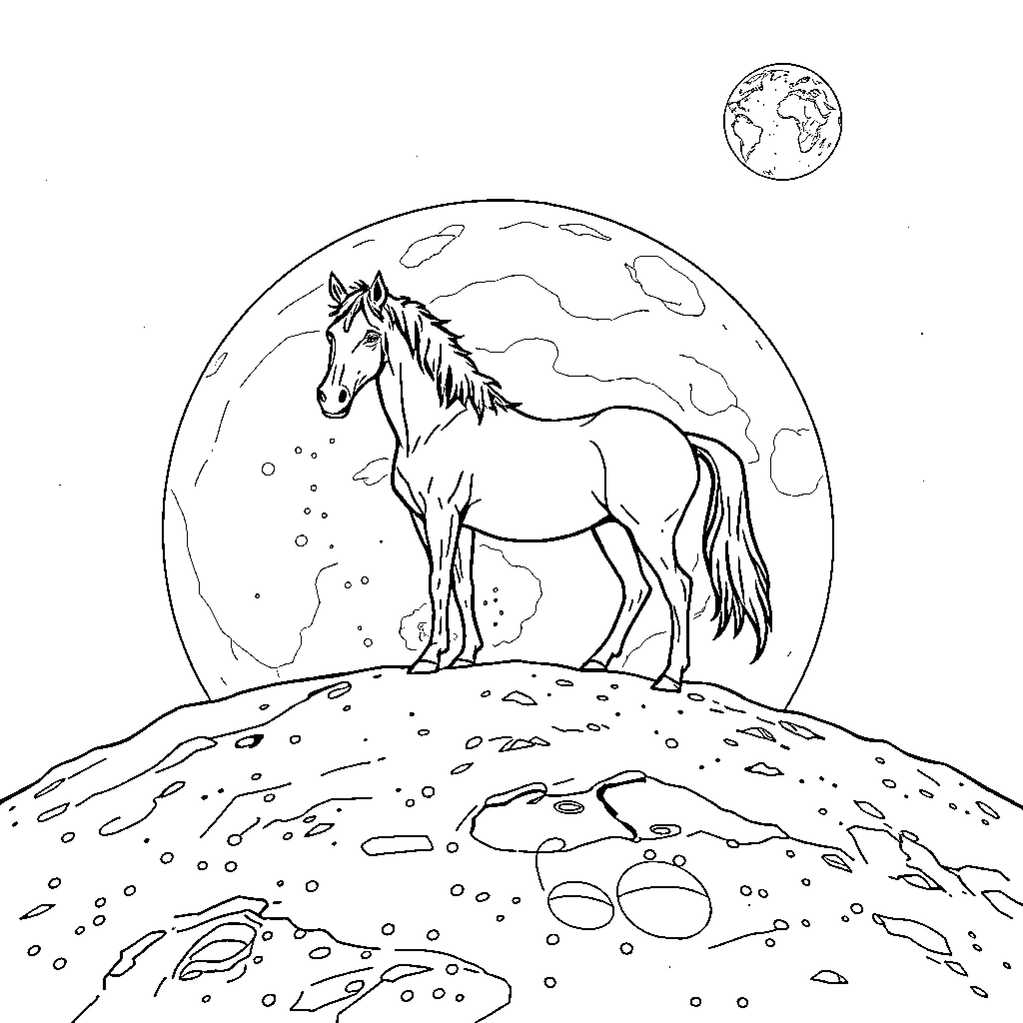 Horse standing under a luminous moon Coloring Page (free black-and-white line drawing printable PDF for all, from beginners to advanced learners, including children, teens, adults, and seniors)