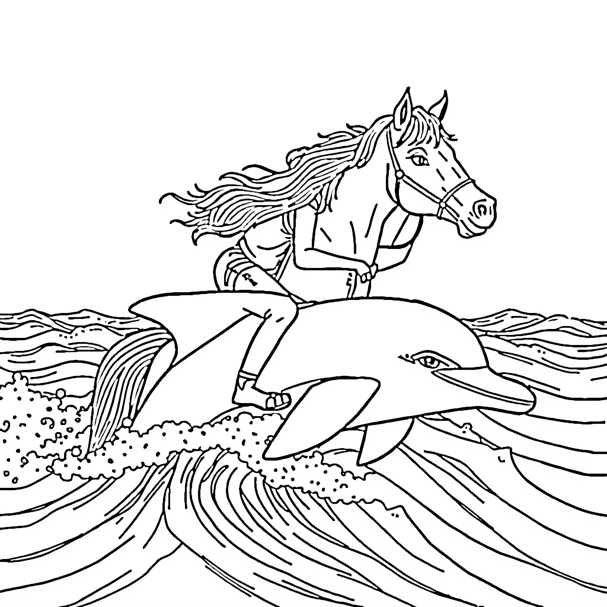 Horse galloping through waves Coloring Page (free black-and-white line drawing printable PDF for all, from beginners to advanced learners, including children, teens, adults, and seniors)