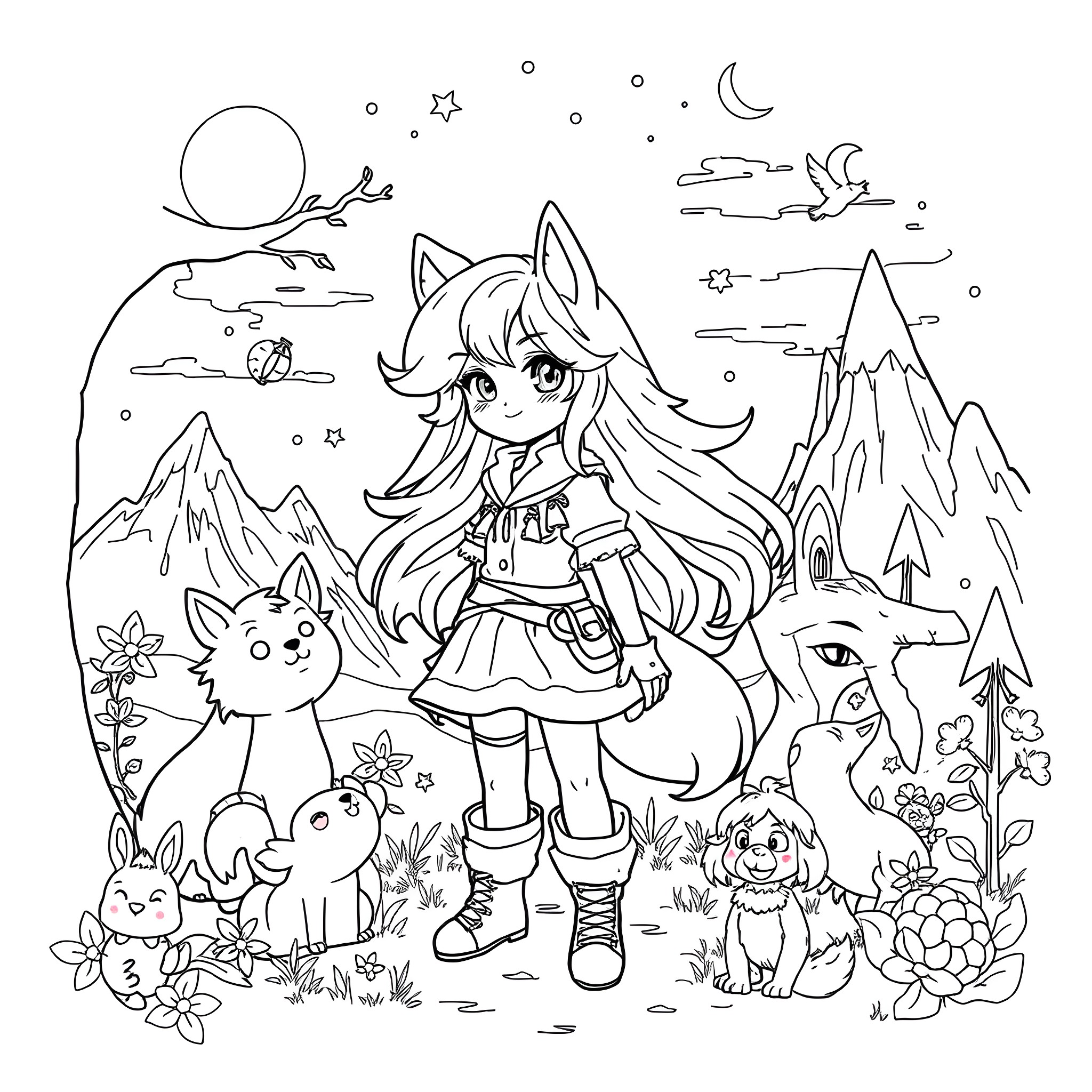 Aphmau's Enchanting Adventure in the Whimsical Wilderness Coloring Page (free black-and-white line drawing printable PDF for all, from beginners to advanced learners, including children, teens, adults, and seniors)