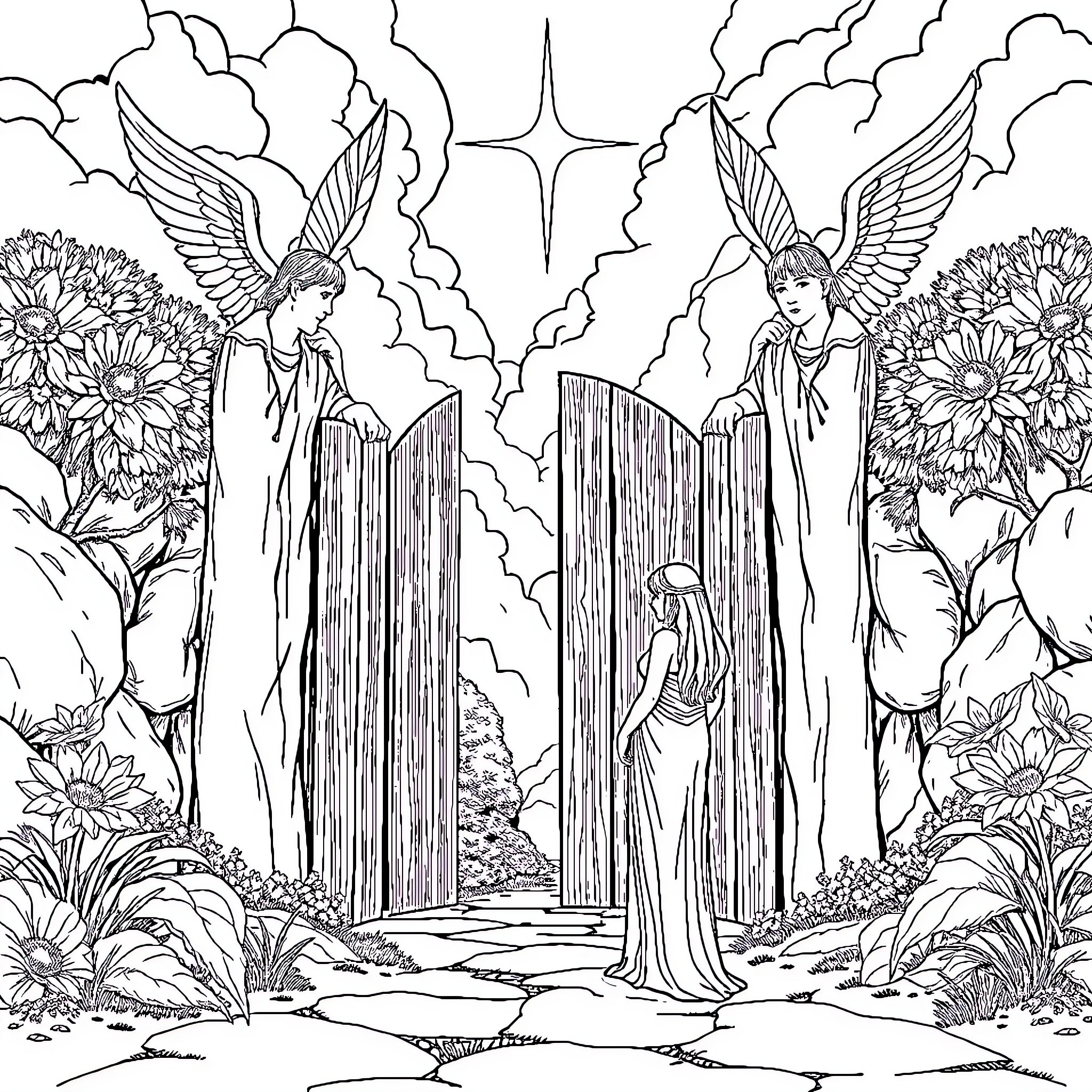 Adam and Eve in a garden with angelic figures Coloring Page (free black-and-white line drawing printable PDF for all, from beginners to advanced learners, including children, teens, adults, and seniors)