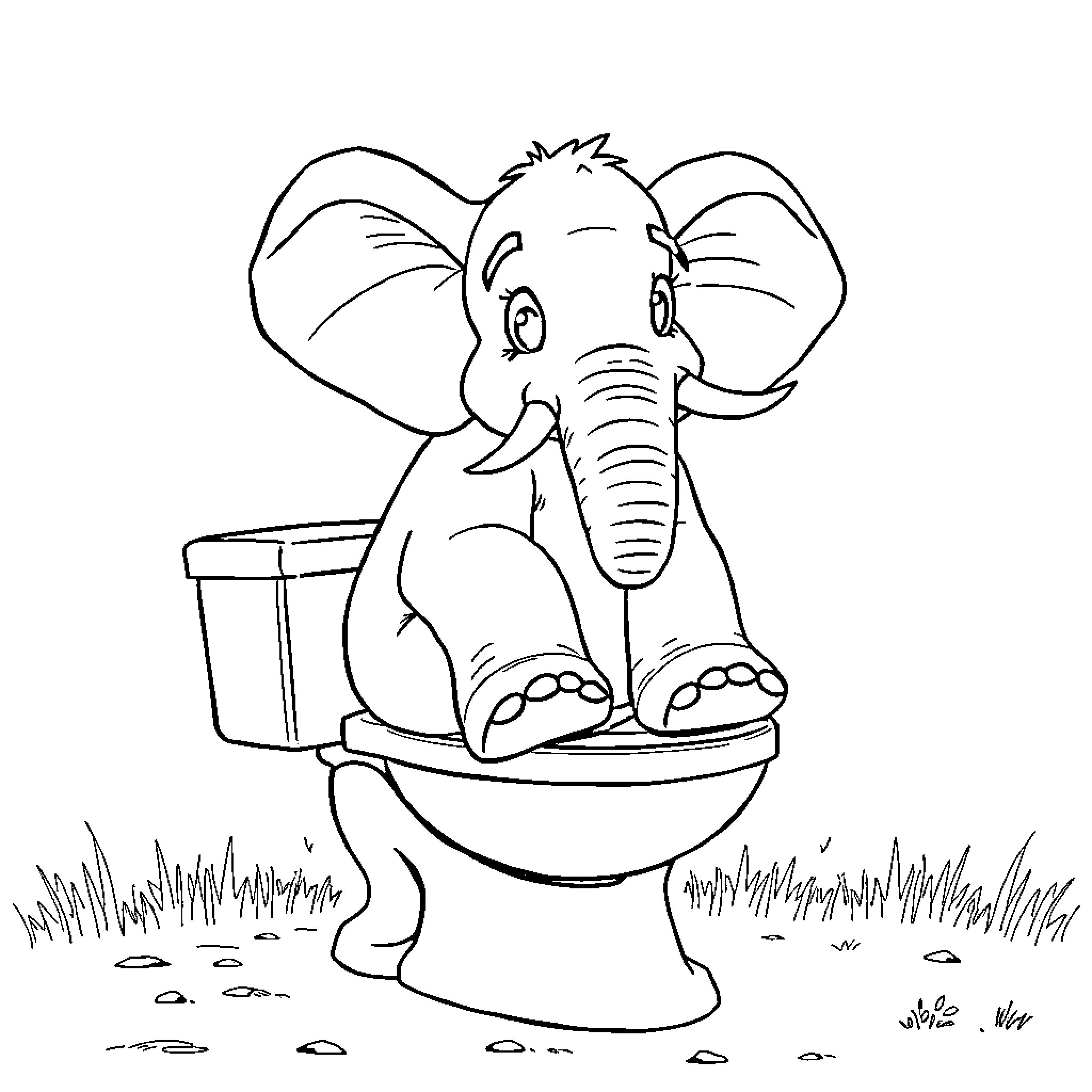 Elephant enjoying a relaxing bathroom break Coloring Page (free black-and-white line drawing printable PDF for all, from beginners to advanced learners, including children, teens, adults, and seniors)