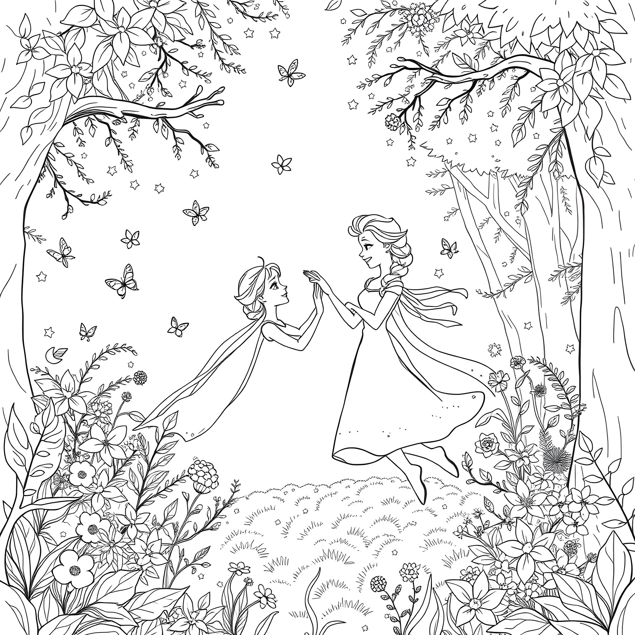 Elsa's Enchanted Woodland Dance Coloring Page (free black-and-white line drawing printable PDF for all, from beginners to advanced learners, including children, teens, adults, and seniors)