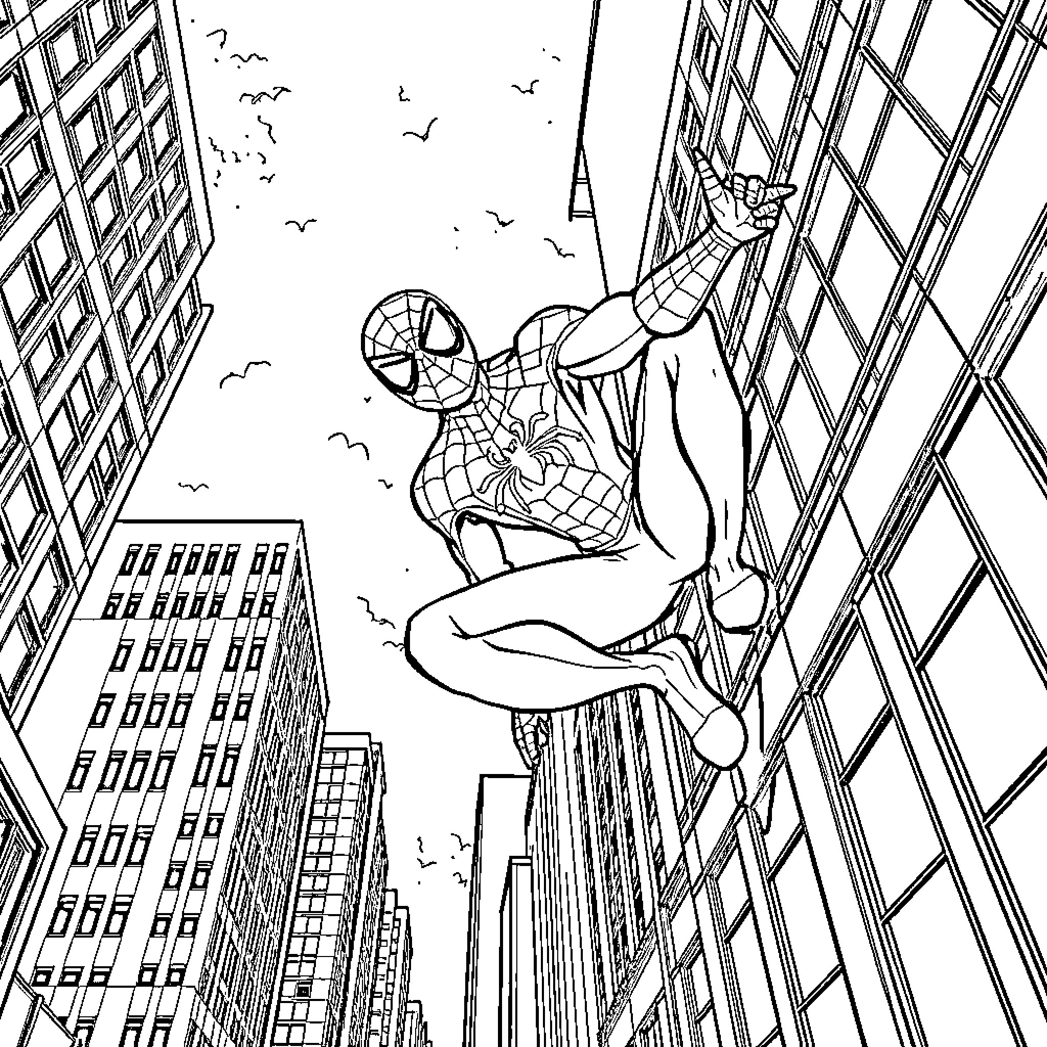 Spiderman Swinging Through the City Skyline Coloring Page (free black-and-white line drawing printable PDF for all, from beginners to advanced learners, including children, teens, adults, and seniors)