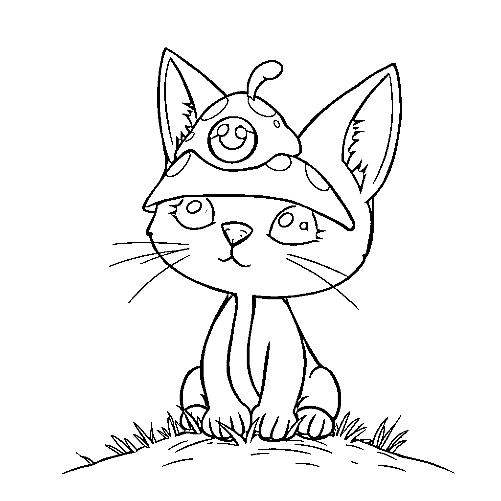 Cat in a whimsical hat playing in the grass Coloring Page (free black-and-white line drawing printable PDF for all, from beginners to advanced learners, including children, teens, adults, and seniors)