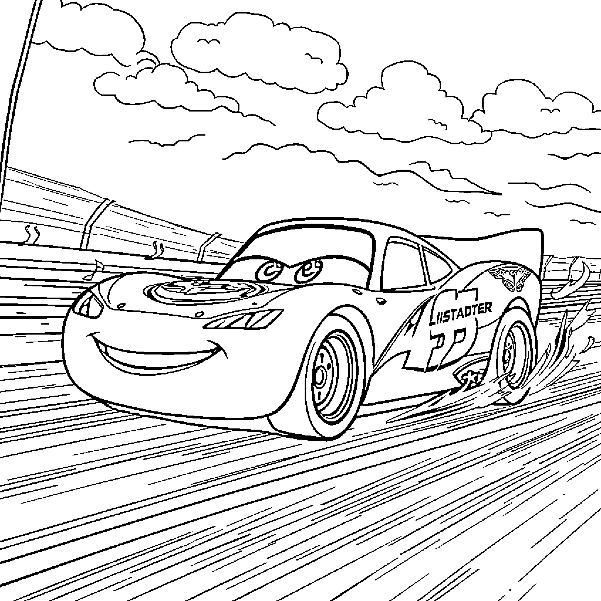Lightning McQueen racing on the track Coloring Page (free black-and-white line drawing printable PDF for all, from beginners to advanced learners, including children, teens, adults, and seniors)