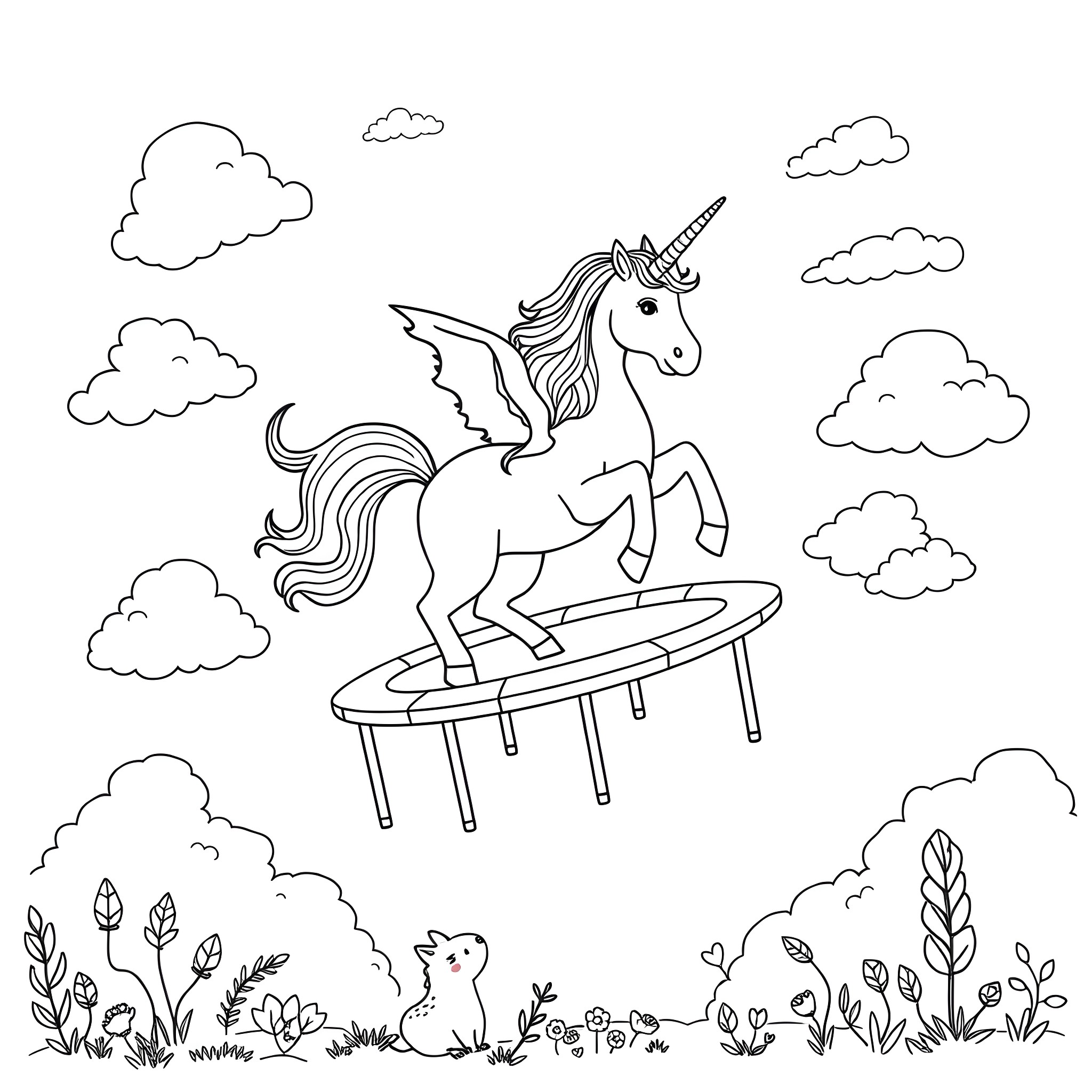 Unicorn soaring through the sky on a trampoline Coloring Page (free black-and-white line drawing printable PDF for all, from beginners to advanced learners, including children, teens, adults, and seniors)
