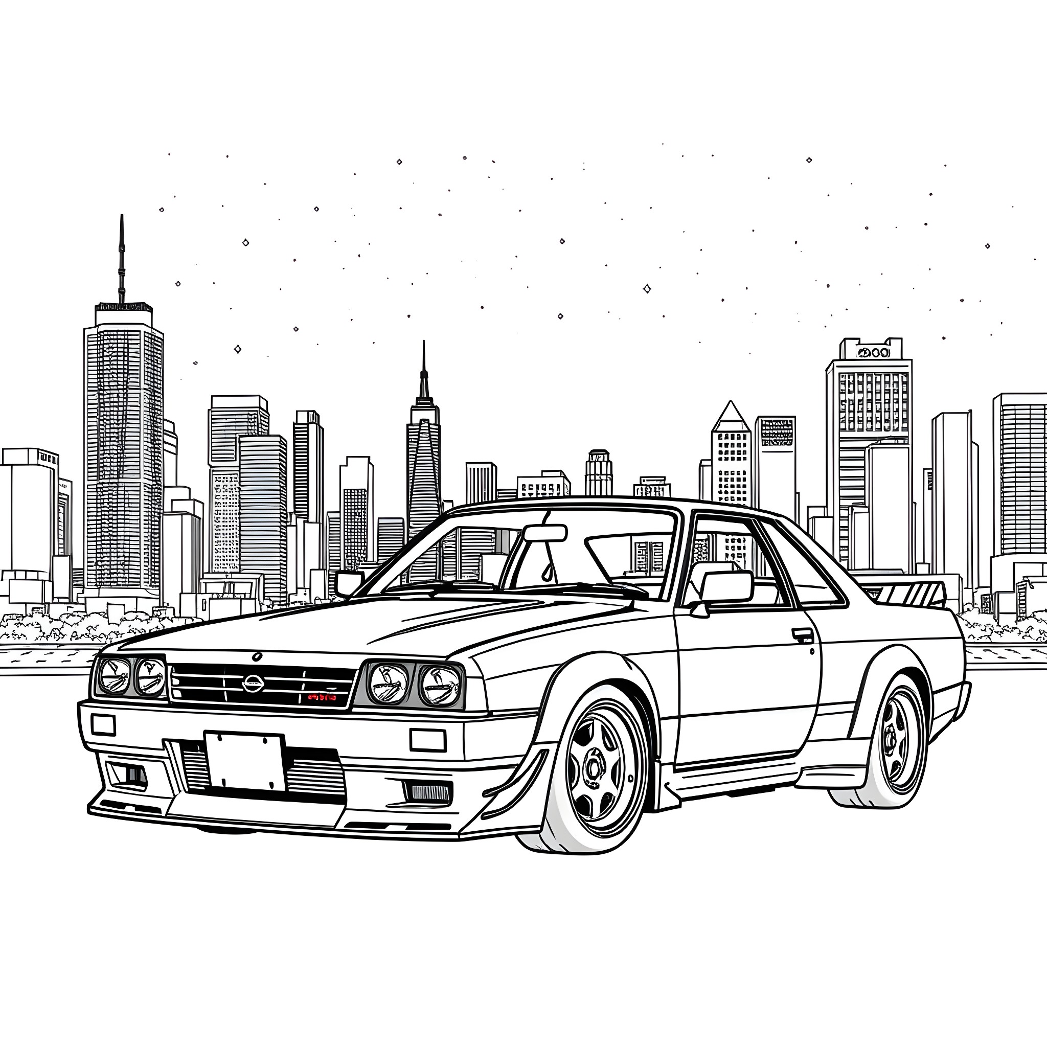Nissan sports car in futuristic city landscape Coloring Page (free black-and-white line drawing printable PDF for all, from beginners to advanced learners, including children, teens, adults, and seniors)