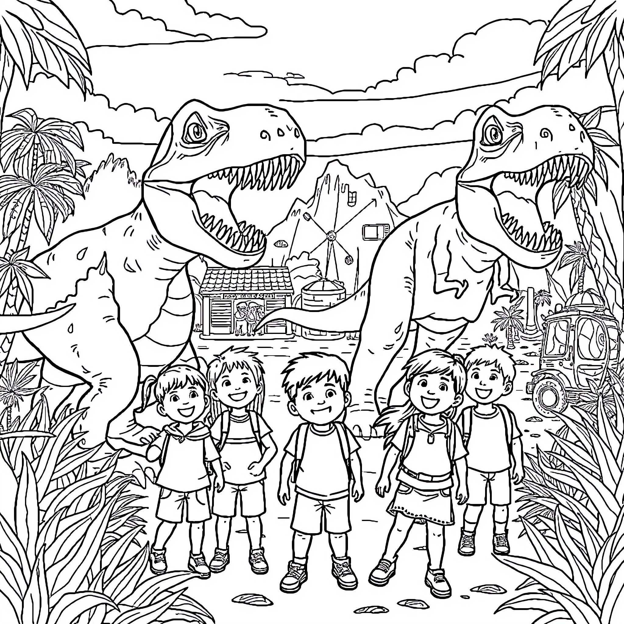 Child explorers encounter giant dinosaurs in the jungle Coloring Page (free black-and-white line drawing printable PDF for all, from beginners to advanced learners, including children, teens, adults, and seniors)